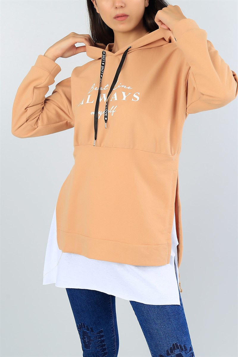 Bisküvi Yanı Yırtmaçlı Kapüşonlu Salaş Sweat Tunik 40893