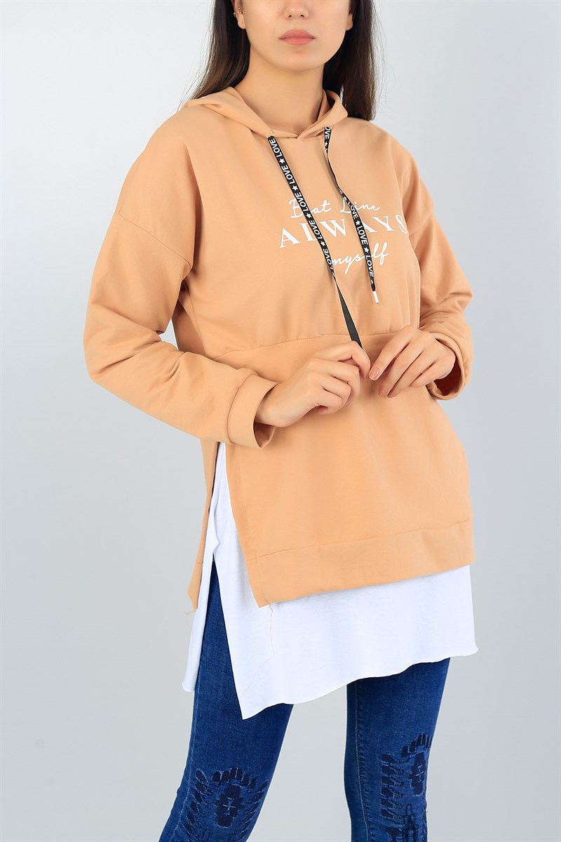 Bisküvi Yanı Yırtmaçlı Kapüşonlu Salaş Sweat Tunik 40893