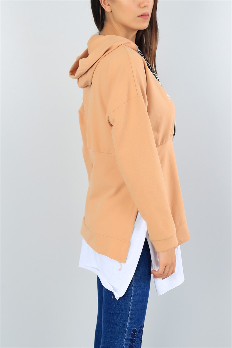 Bisküvi Yanı Yırtmaçlı Kapüşonlu Salaş Sweat Tunik 40893