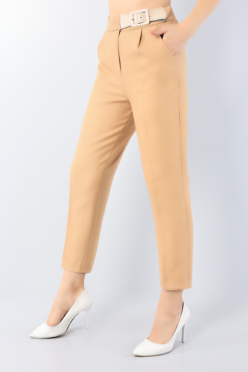 Bisküvi Yün Efekt Kendinden Kemerli Cepli Bayan Pantolon 75794