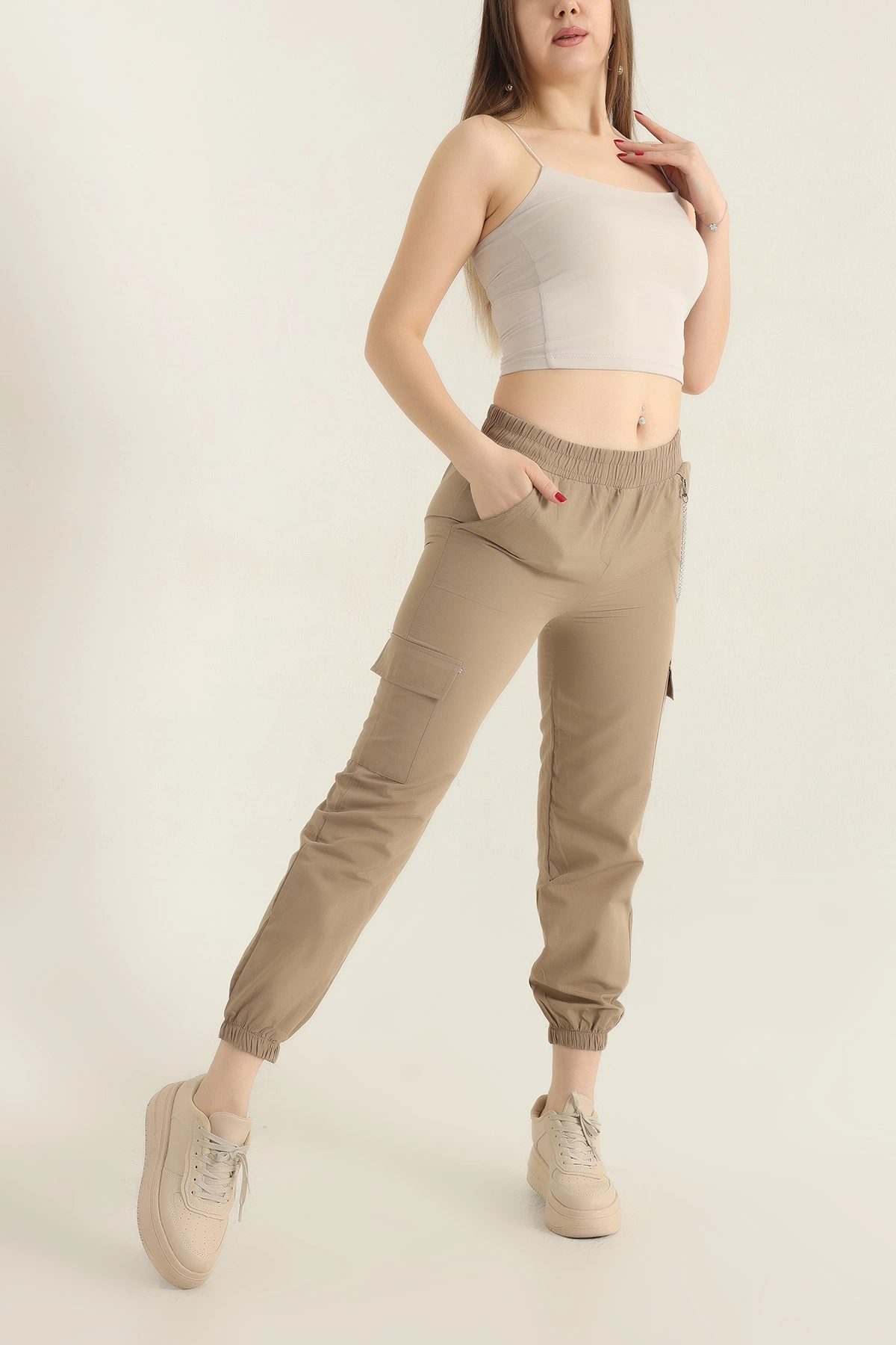 Bisküvi Zincirli Kargo Cep Bayan Jogger Keten Pantolon 337687