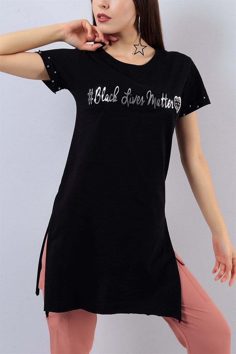 Boncuk İşlemeli Siyah Bayan Tişört 15485B