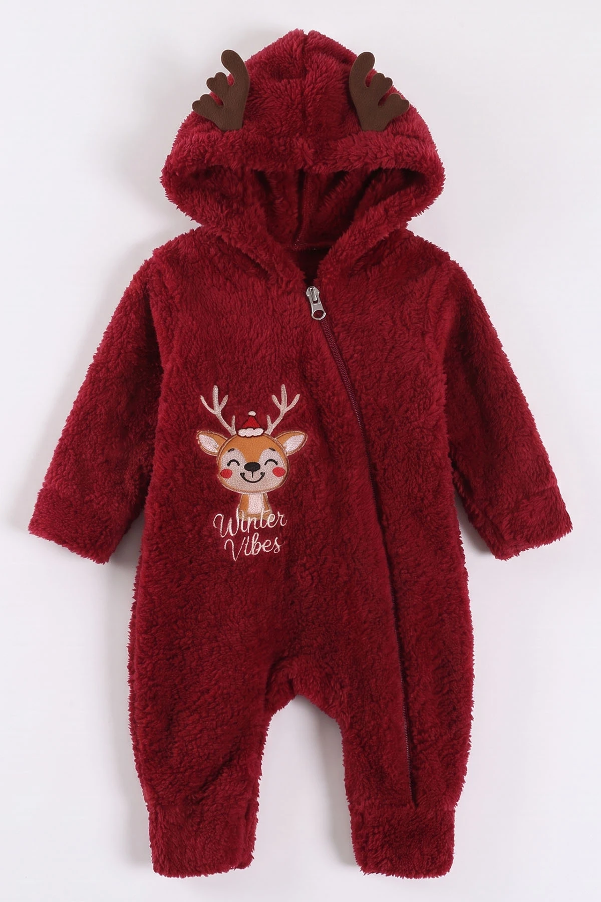 Bordo (0-12 Ay) Geyik Nakışlı Kapüşonlu Peluş Kız Bebek Tulum 494421