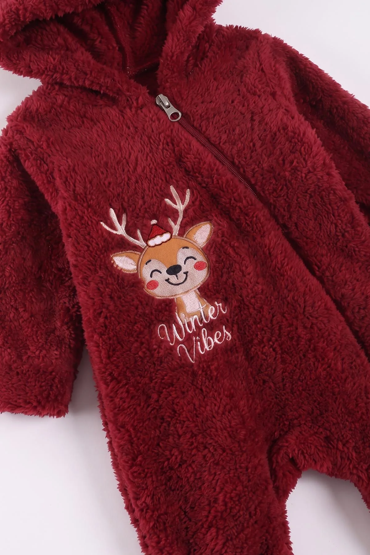 Bordo (0-12 Ay) Geyik Nakışlı Kapüşonlu Peluş Kız Bebek Tulum 494421