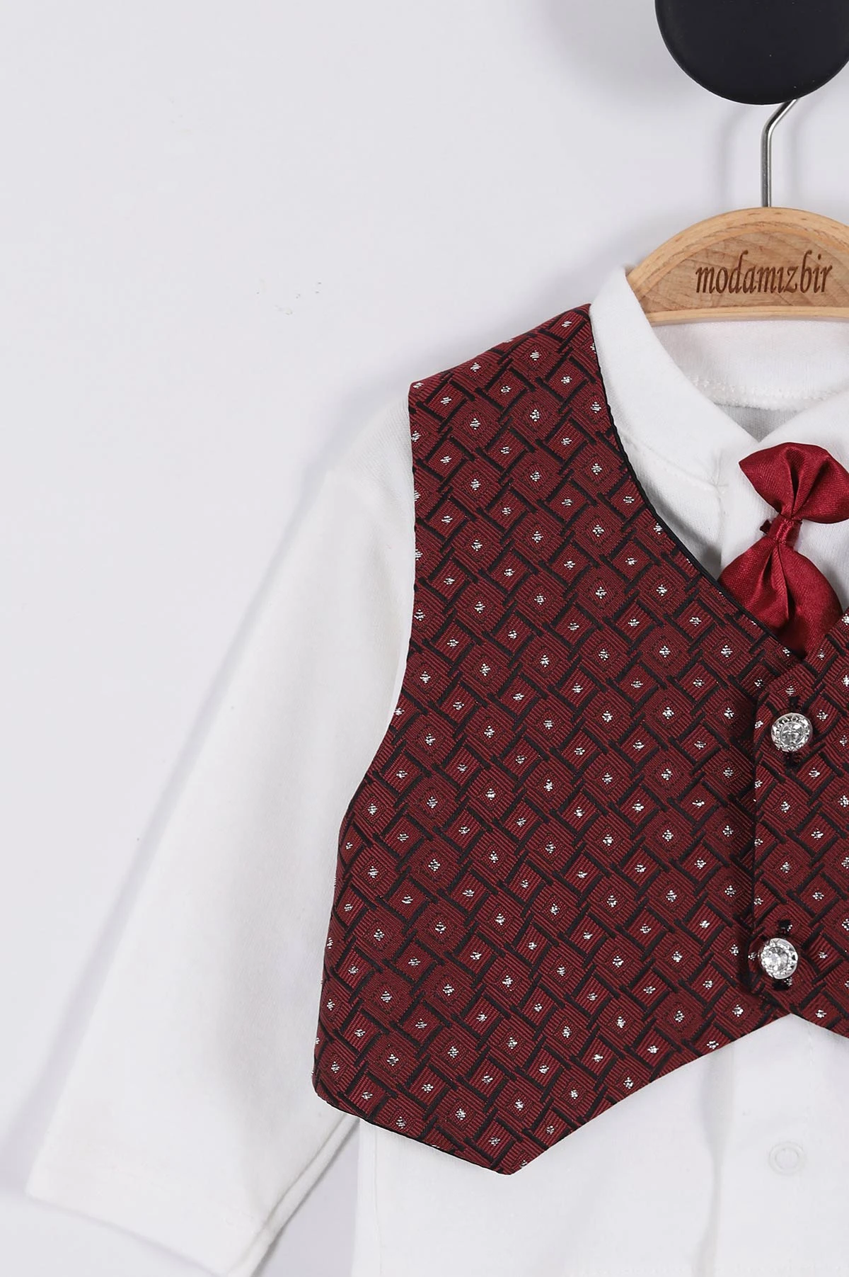 Bordo (0-3 Ay) Karo İşlemeli Kravatlı Erkek Bebek Takım 264878