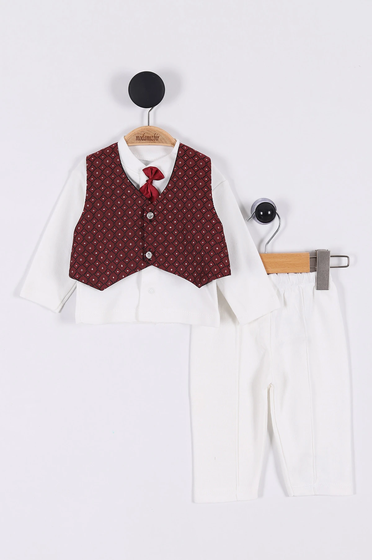 Bordo (0-3 Ay) Karo İşlemeli Kravatlı Erkek Bebek Takım 264878