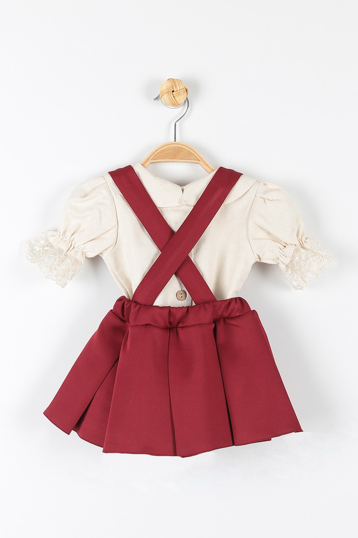 Bordo (1-4 Yaş) Fiyonklu Yaka Detaylı Kolu Dantelli Kız Çocuk Takım 175788