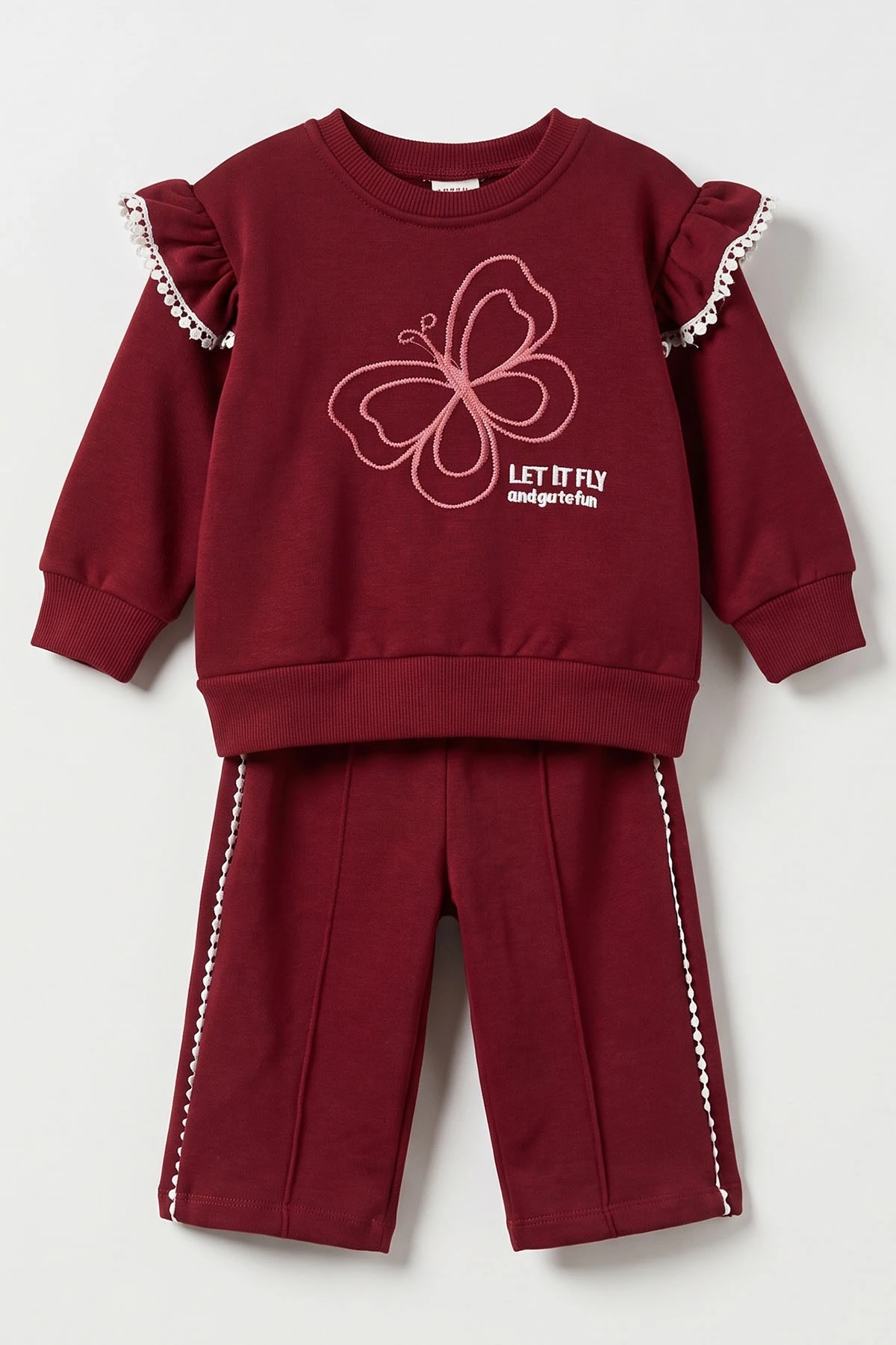 Bordo (1-4 Yaş)Kelebek Nakışlı Kolları Fırfırlı  3 İp Şardonlu Kız Çocuk&Bebek Kışlık Takım 489399