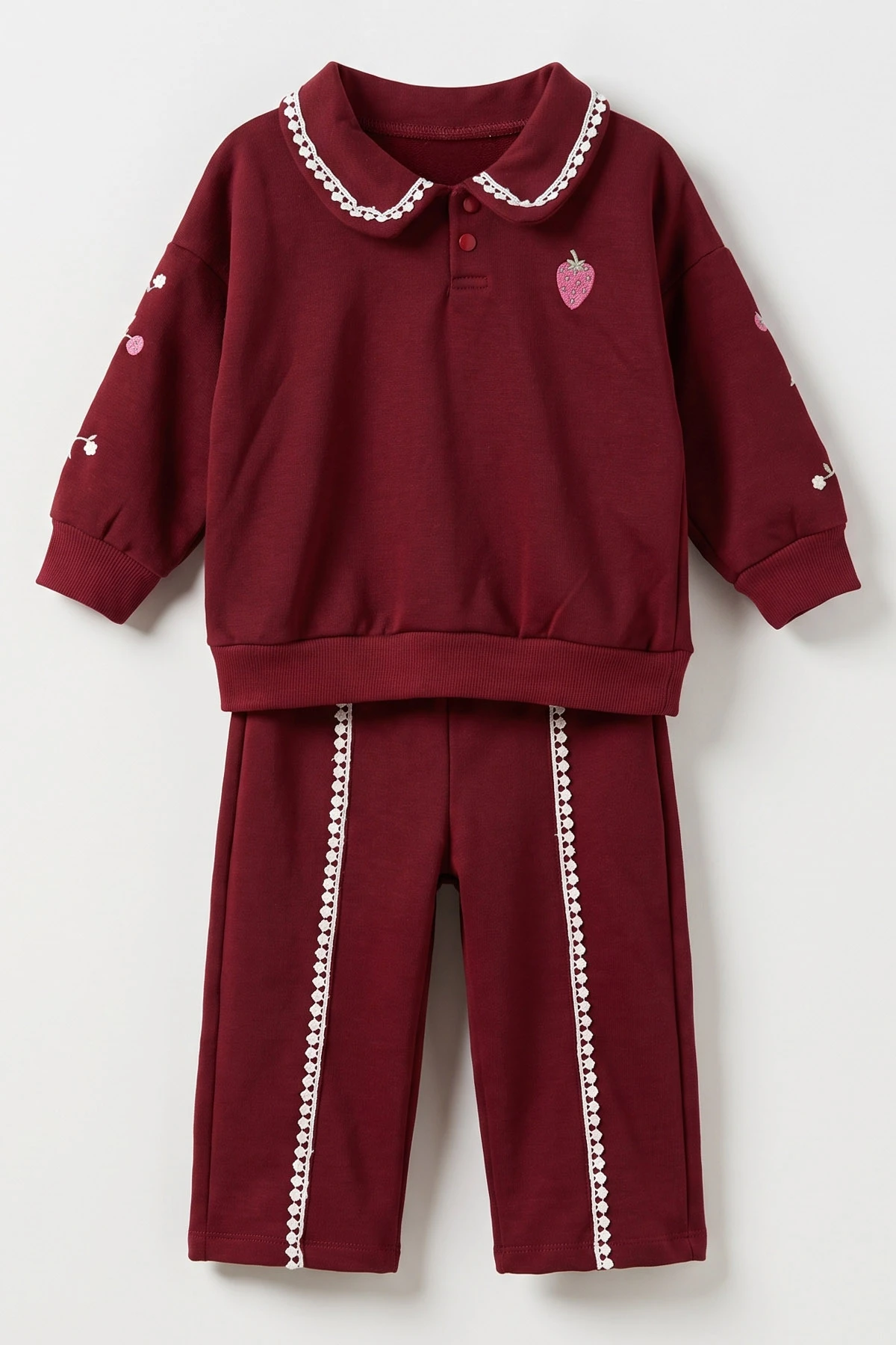 Bordo (1-4 Yaş)Kolları Çiçek Nakışlı   Gömlek Yaka 3 İp Şardonlu Kız Çocuk&Bebek Kışlık Takım 489414