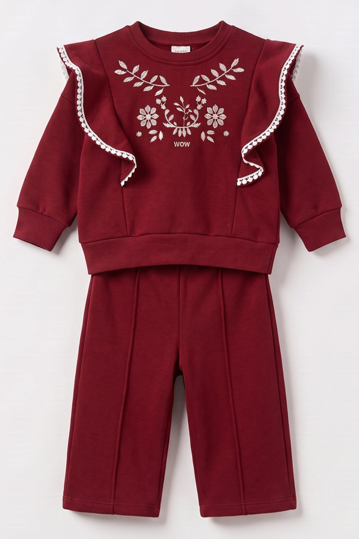 Bordo (1-4 Yaş)Önü Fırfır Yaka Nakışlı     3 İp Şardonlu Kız Çocuk&Bebek Kışlık Takım 489424