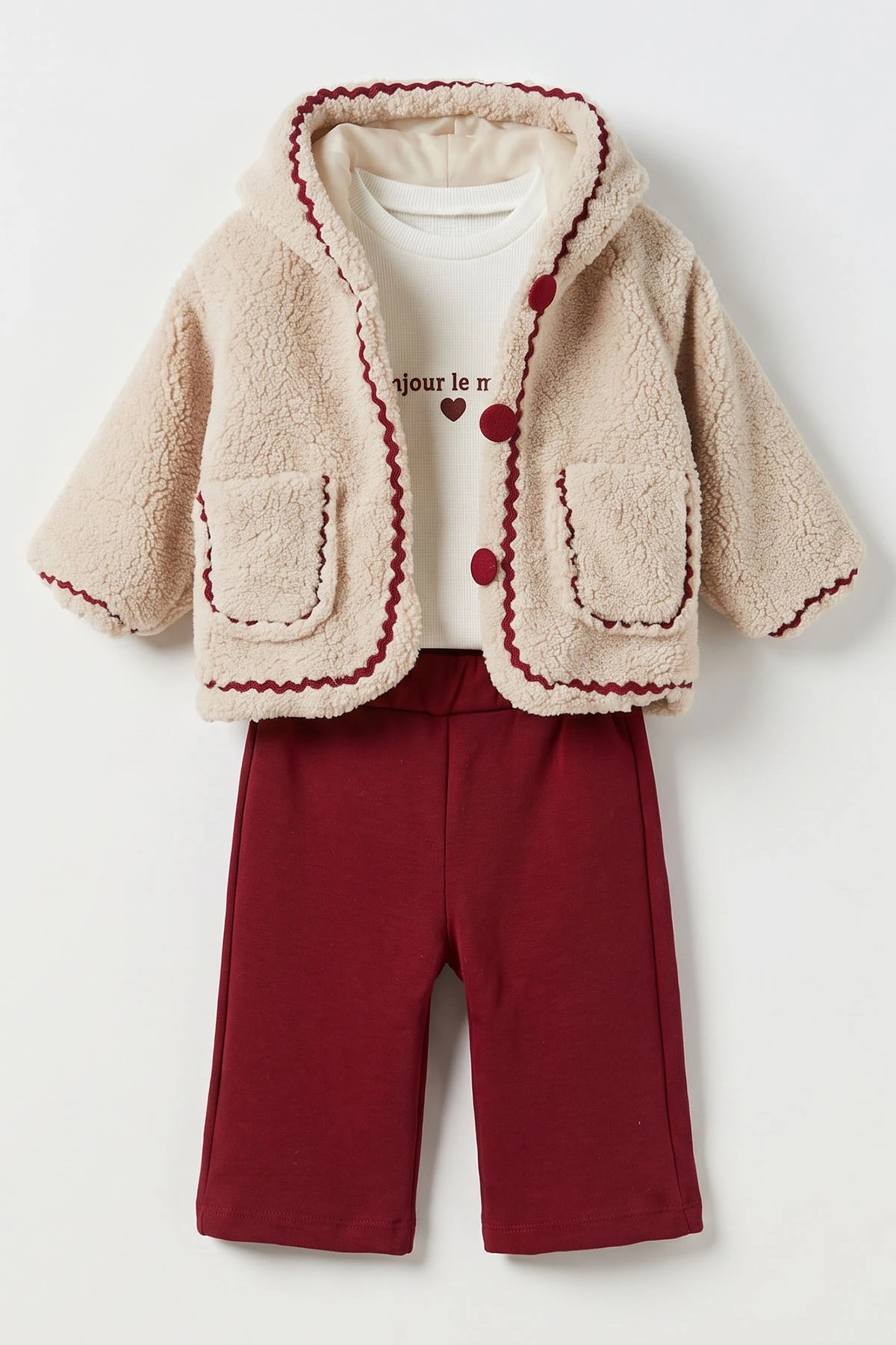 Bordo (1-4 Yaş)Waffle Badili Kapüşonlu Peluş Hırkalı Alt Şardonlu Kız Çocuk&Bebek 3'lü Takım 495186