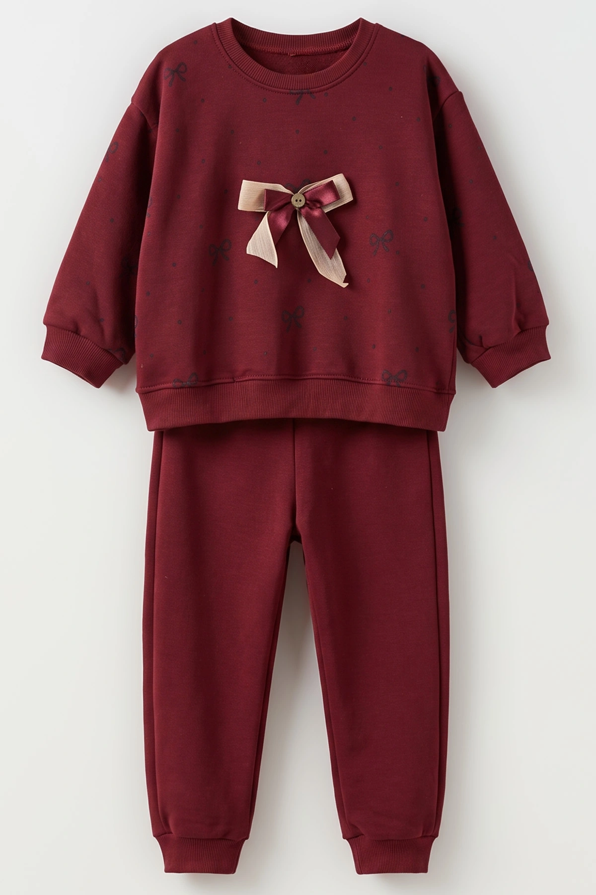 Bordo (1-5 Yaş) Fiyonklu Baskılı 3 İp Şardonlu Kız Çocuk Kışlık Takım 490690