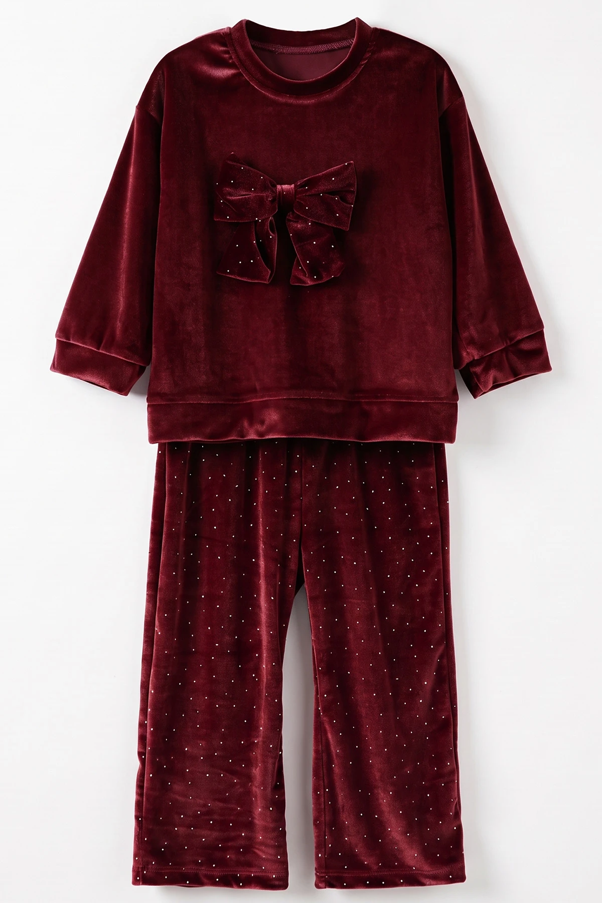 Bordo (1-5 Yaş) Kadife Taşlı Fiyonklu Kız Çocuk Takım 488970