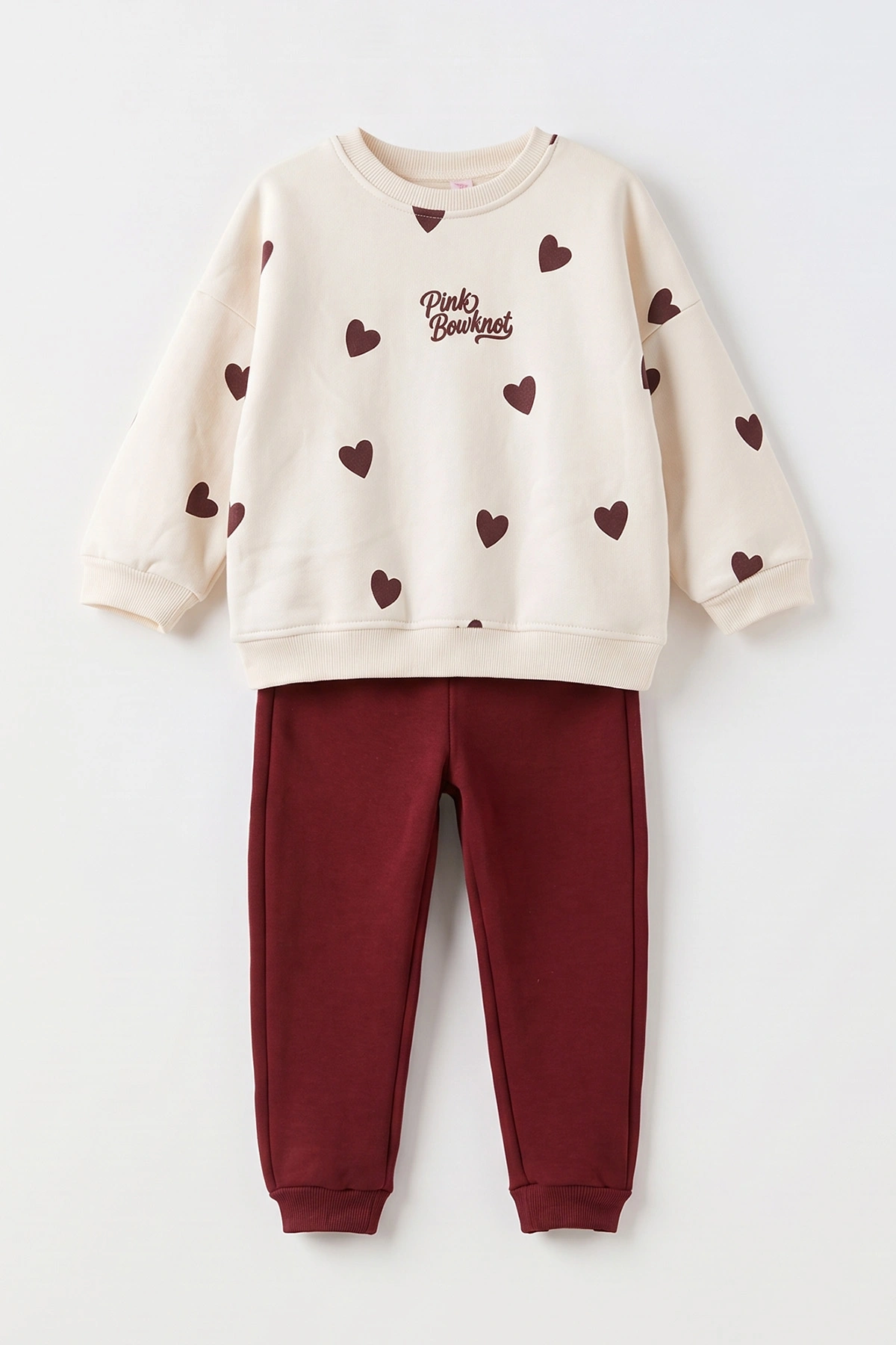Bordo (1-5 Yaş) Kalp Baskılı 3 İp Şardonlu Kız Bebek&Çocuk Kışlık Takım 499366