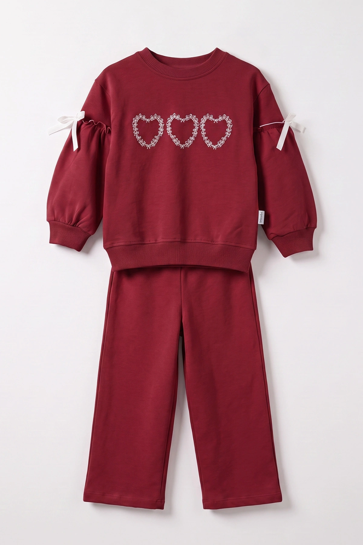 Bordo (1-5 Yaş) Kalp Nakışlı Kol Büzgü Detaylı 2 İp Kız Çocuk Mevsimlik Takım 472692