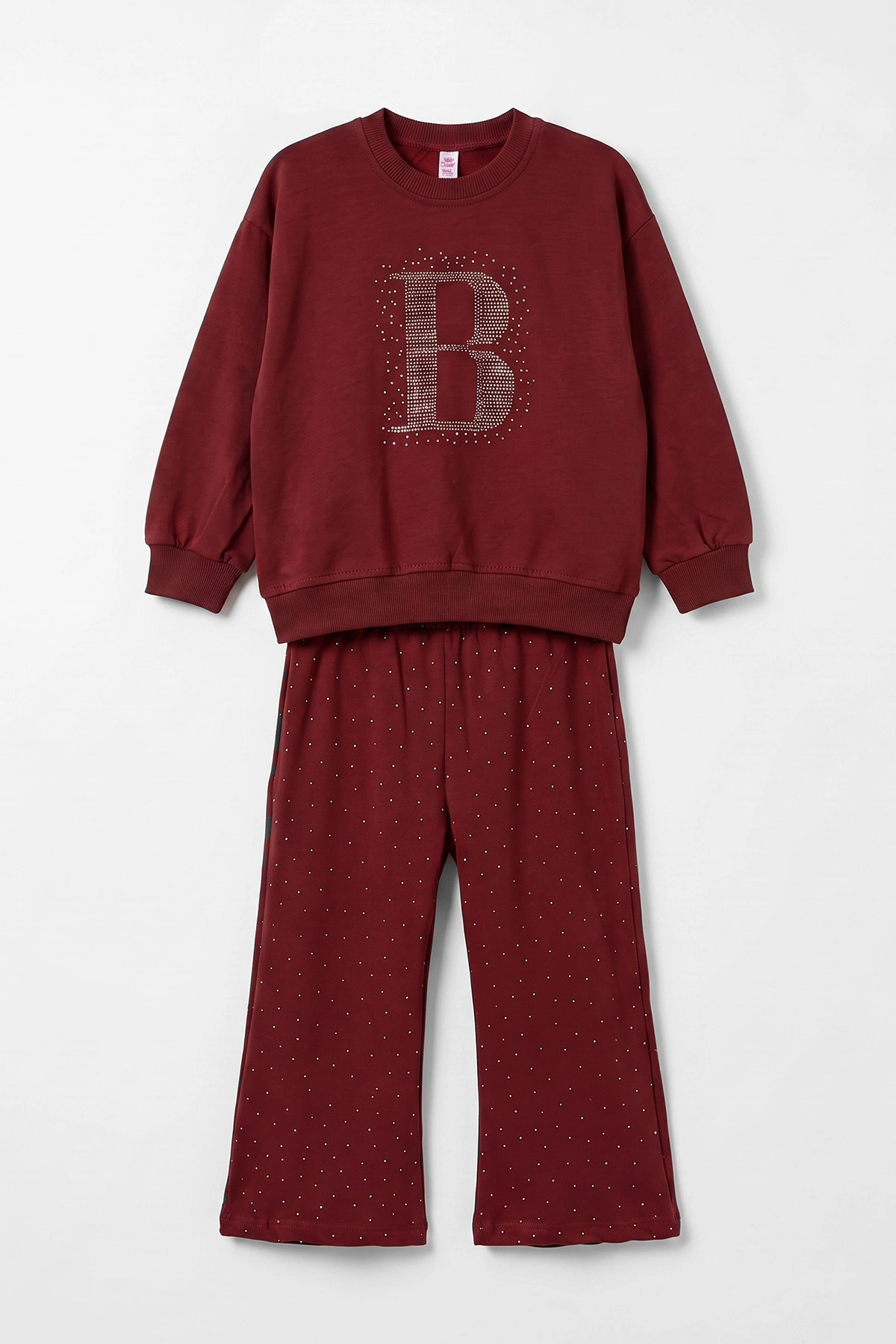 Bordo (1-5 Yaş) Taş Baskılı Bol Paça Kız Çocuk Mevsimlik Takım 476203