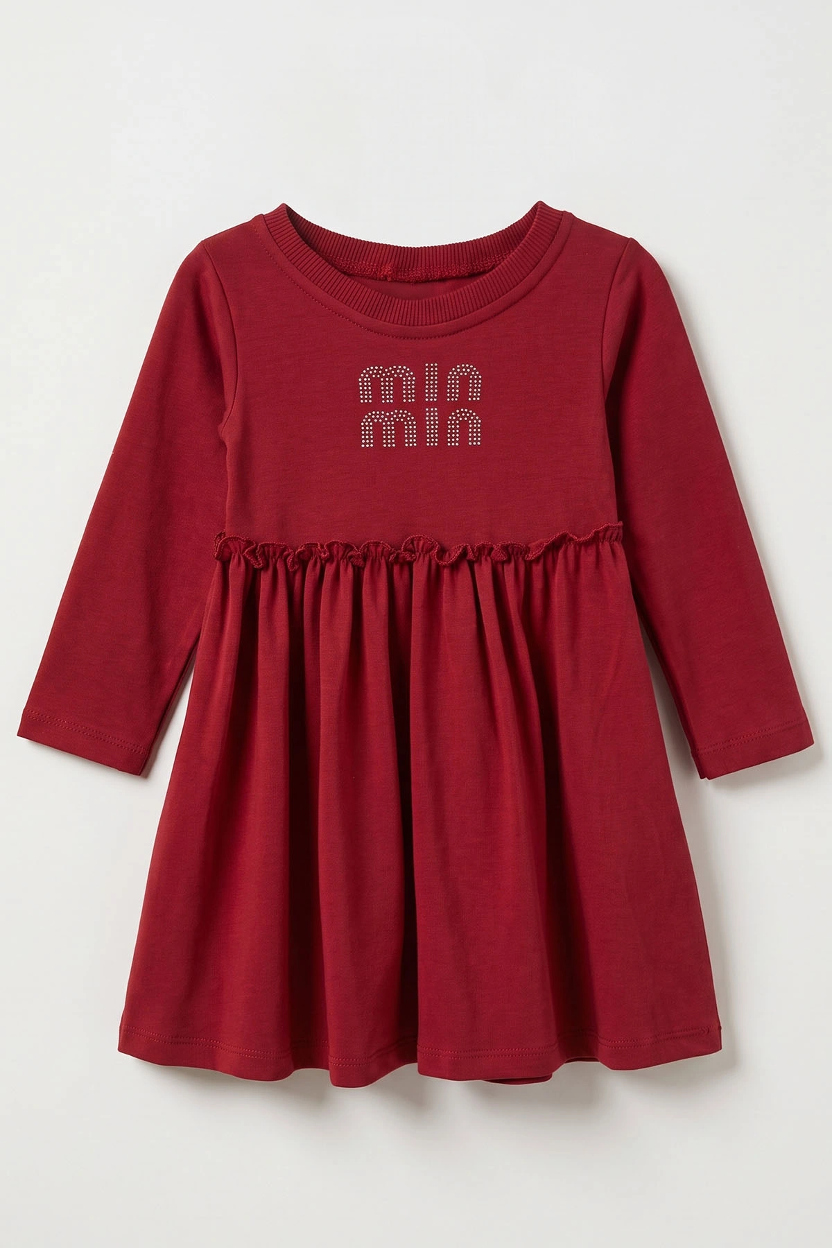 Bordo (1-5 Yaş) Taş Baskılı  Uzun Kol Kız Çocuk Elbise 475786