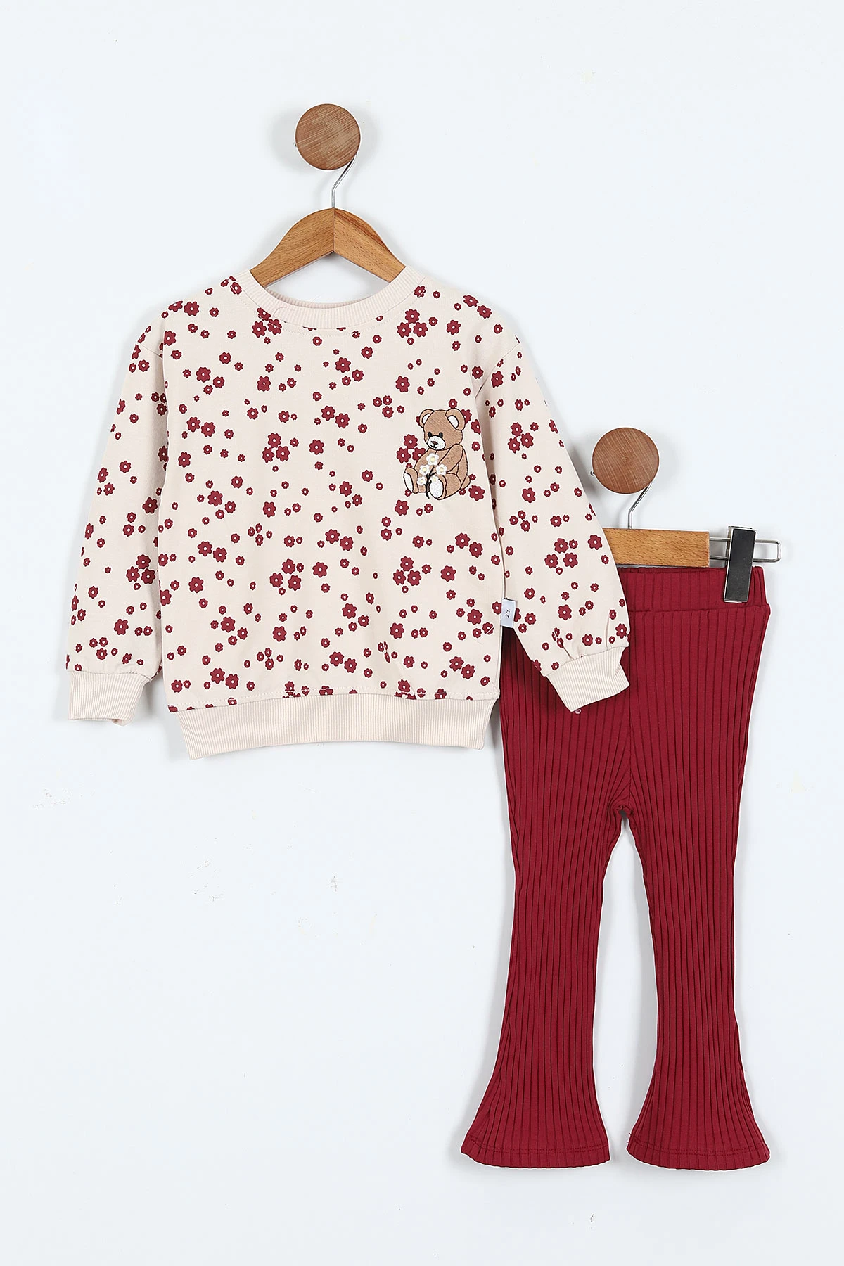 Bordo (1-5 Yaş)Ayıcık Nakışlı Baskılı Fitilli Taytlı Kız Çocuk Takım 414325 414906