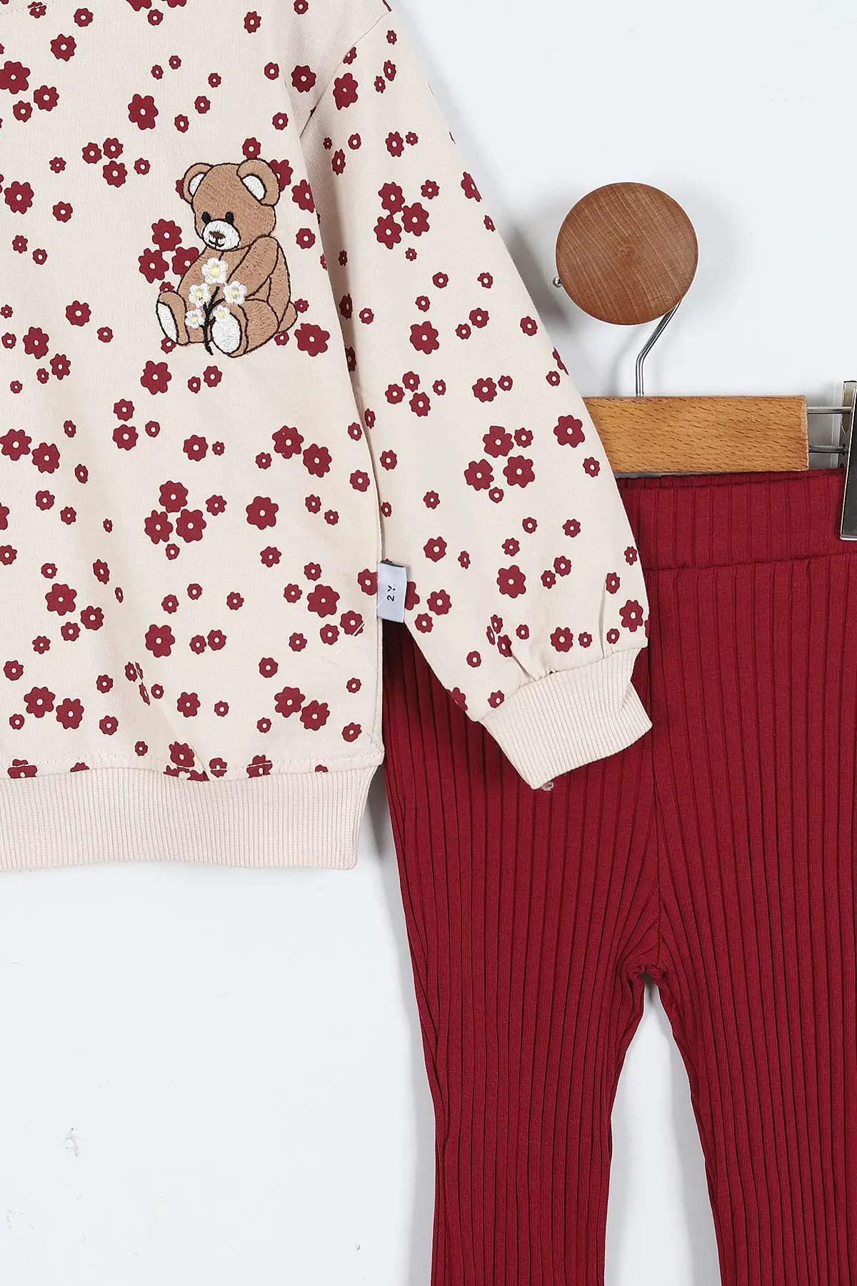 Bordo (1-5 Yaş)Ayıcık Nakışlı Baskılı Fitilli Taytlı Kız Çocuk Takım 414325 414906