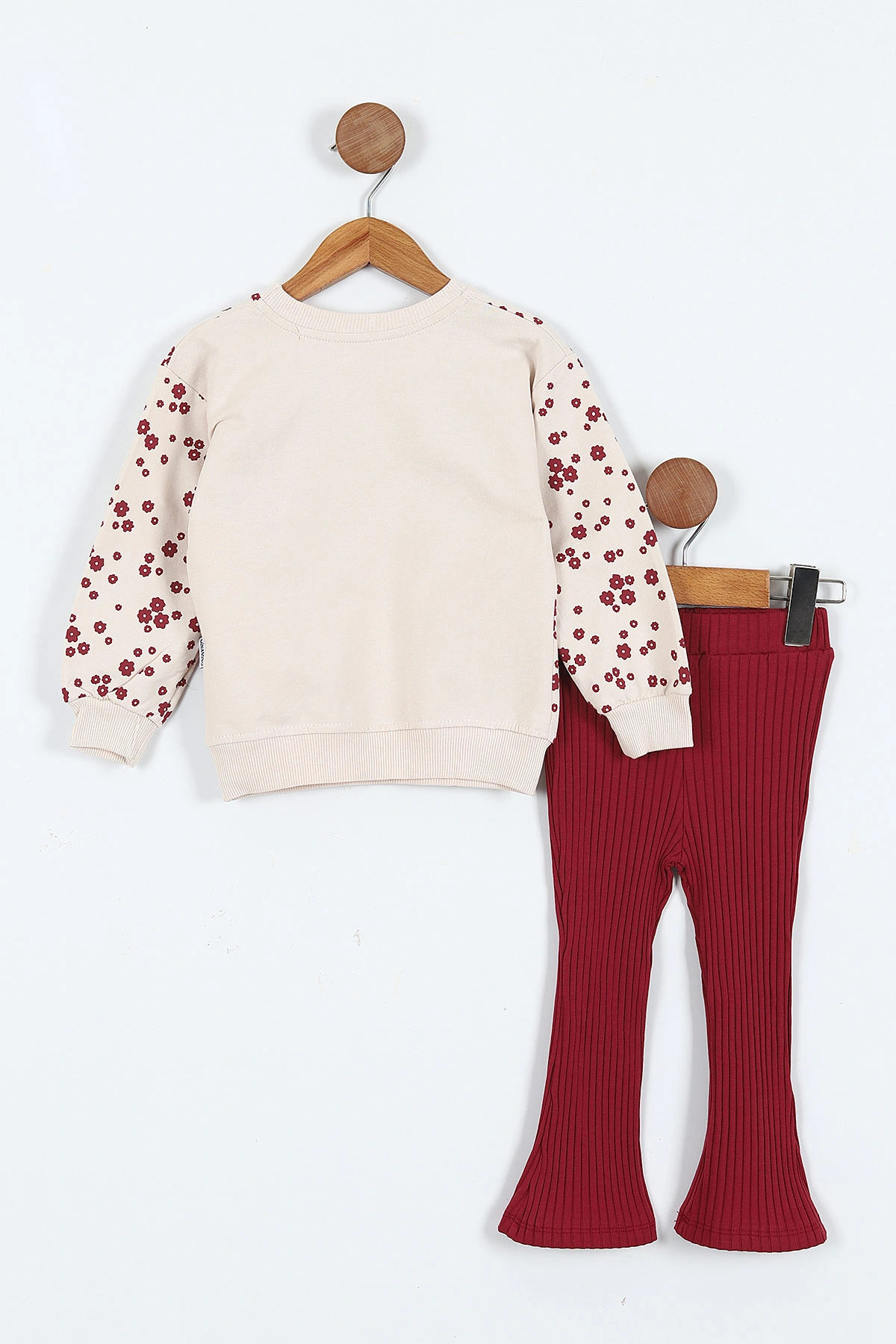 Bordo (1-5 Yaş)Ayıcık Nakışlı Baskılı Fitilli Taytlı Kız Çocuk Takım 414325 414906