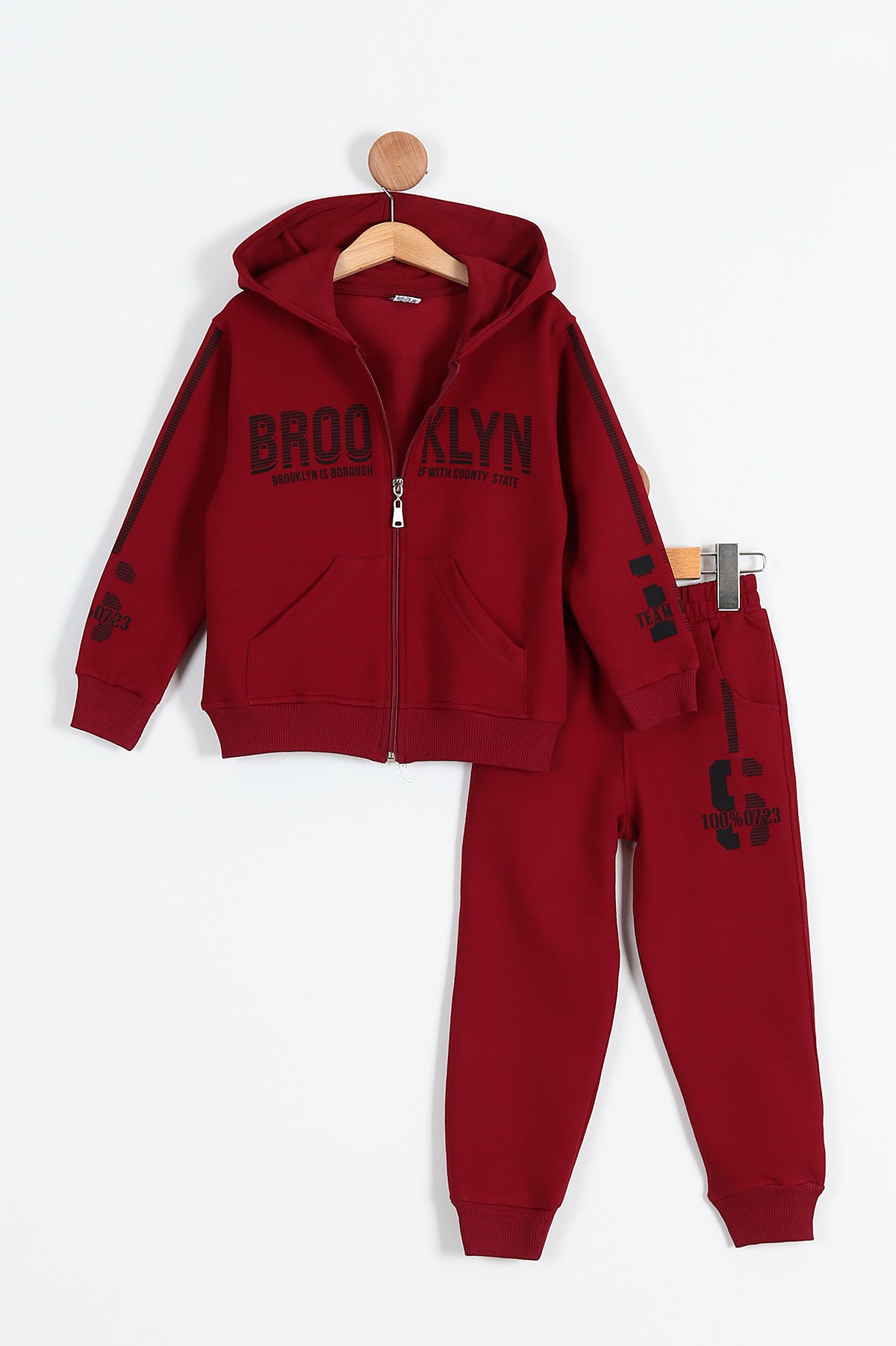 Bordo (10-13 Yaş) Brooklyn Baskılı Fermuarlı Kapüşonlu İki İp Erkek Çocuk Takım 195461
