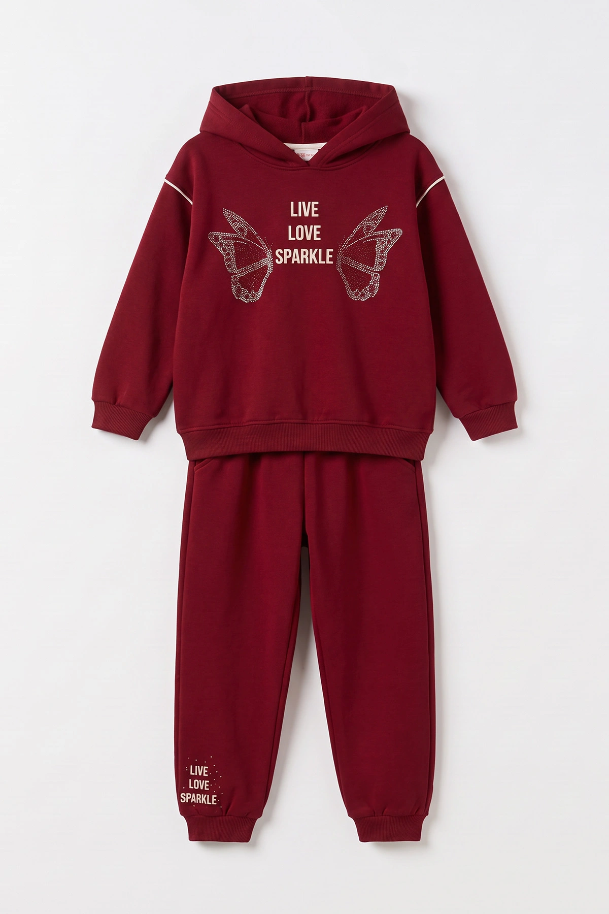 Bordo (10-14 Yaş) Kelebek Taş Baskılı Kapüşonlu 3 İp Şardonlu Kız Çocuk Kışlık Takım 498228