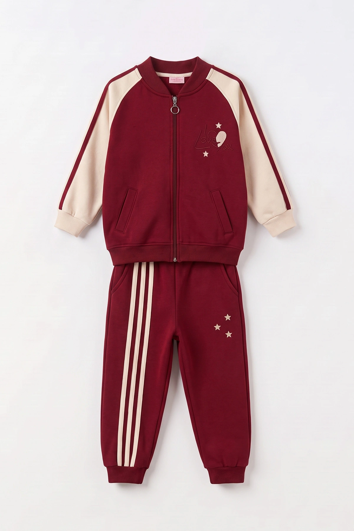 Bordo (10-14 Yaş) Love Nakışlı Yandan Şeritli 3 İp Şardonlu Kız Çocuk Kışlık Takım 498052