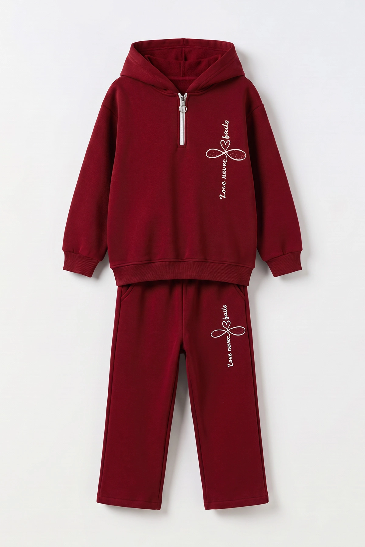 Bordo (10-14 Yaş) Taş Baskılı Kapüşonlu Yakası Yarım Fermuarlı 3 İp Şardonlu Kız Çocuk Kışlık Takım 498137