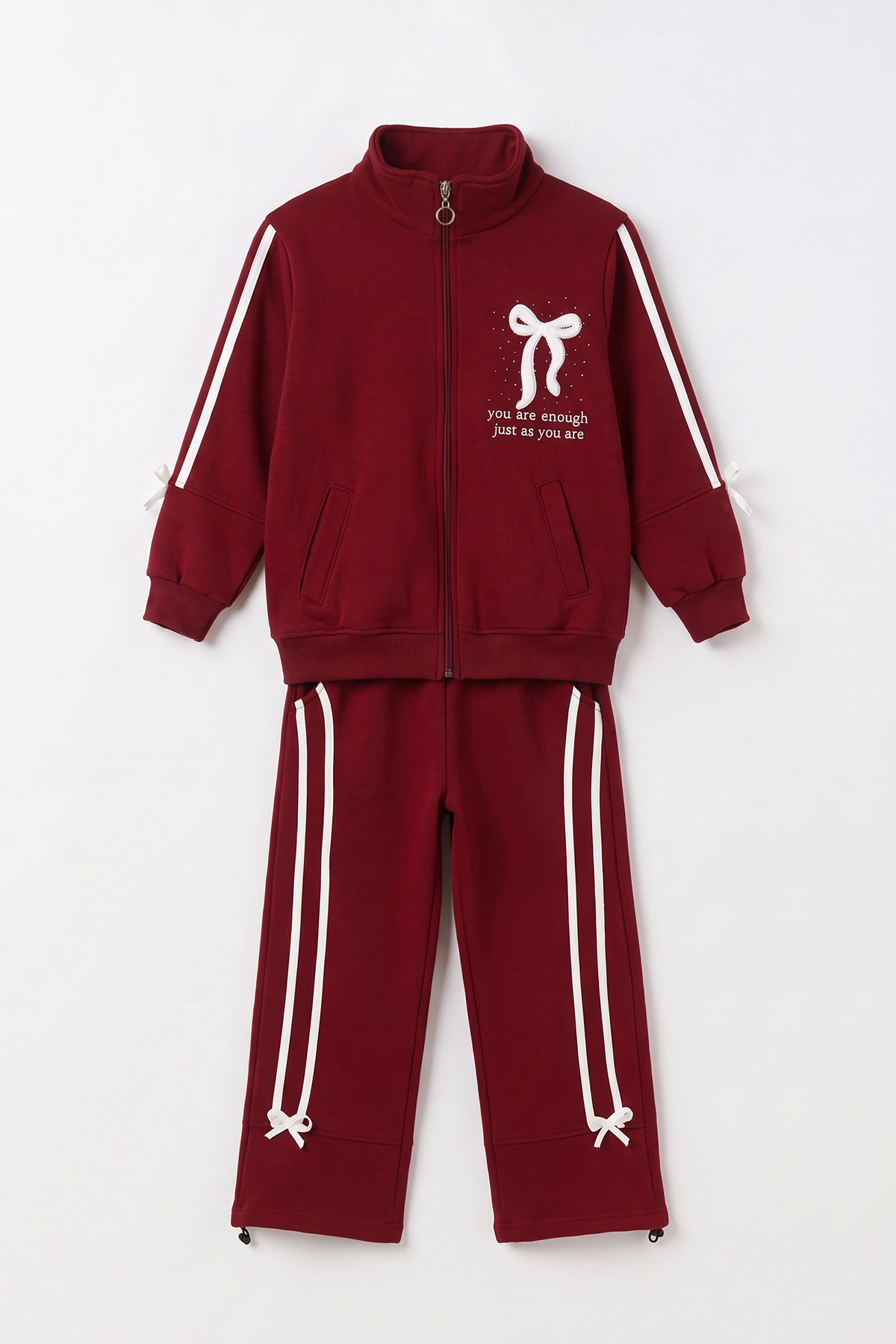 Bordo (10-14 Yaş)Fiyonk Nakışlı Serpme Taşlı Alt Stoperli 3 İp Şardonlu Kız Çocuk Kışlık Takım 499043