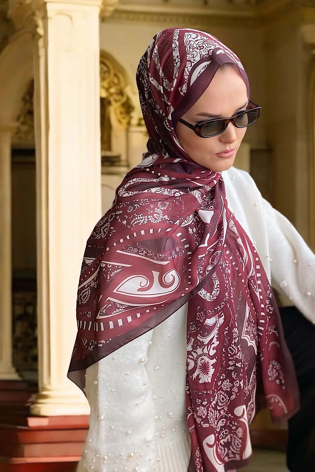 Bordo 180x70 Etnik Desen Dijital Baskılı Pamuk Şal 323059