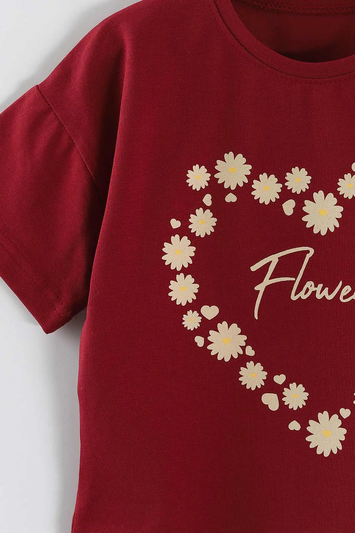 Bordo (2-5 Yaş) Flowers Baskılı Süprem Tişörtlü Gabardin Şortlu Kız Çocuk Yazlık Takım 445567