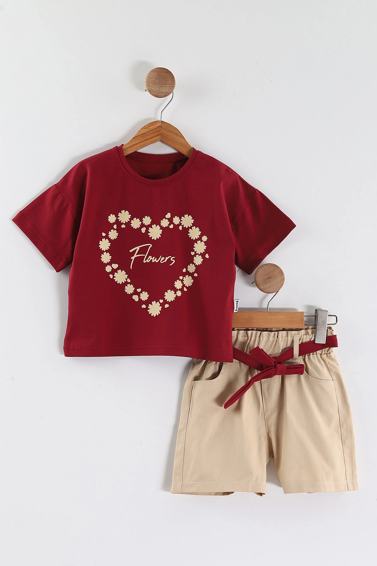 Bordo (2-5 Yaş) Flowers Baskılı Süprem Tişörtlü Gabardin Şortlu Kız Çocuk Yazlık Takım 445567