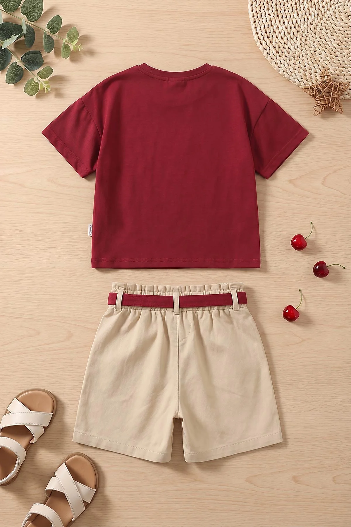 Bordo (2-5 Yaş) Flowers Baskılı Süprem Tişörtlü Gabardin Şortlu Kız Çocuk Yazlık Takım 445567