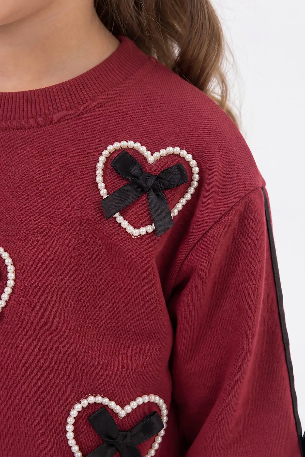 Bordo (2-5 Yaş) Kalp Baskılı Fiyonk Nakışlı Kız Çocuk Takım 471273