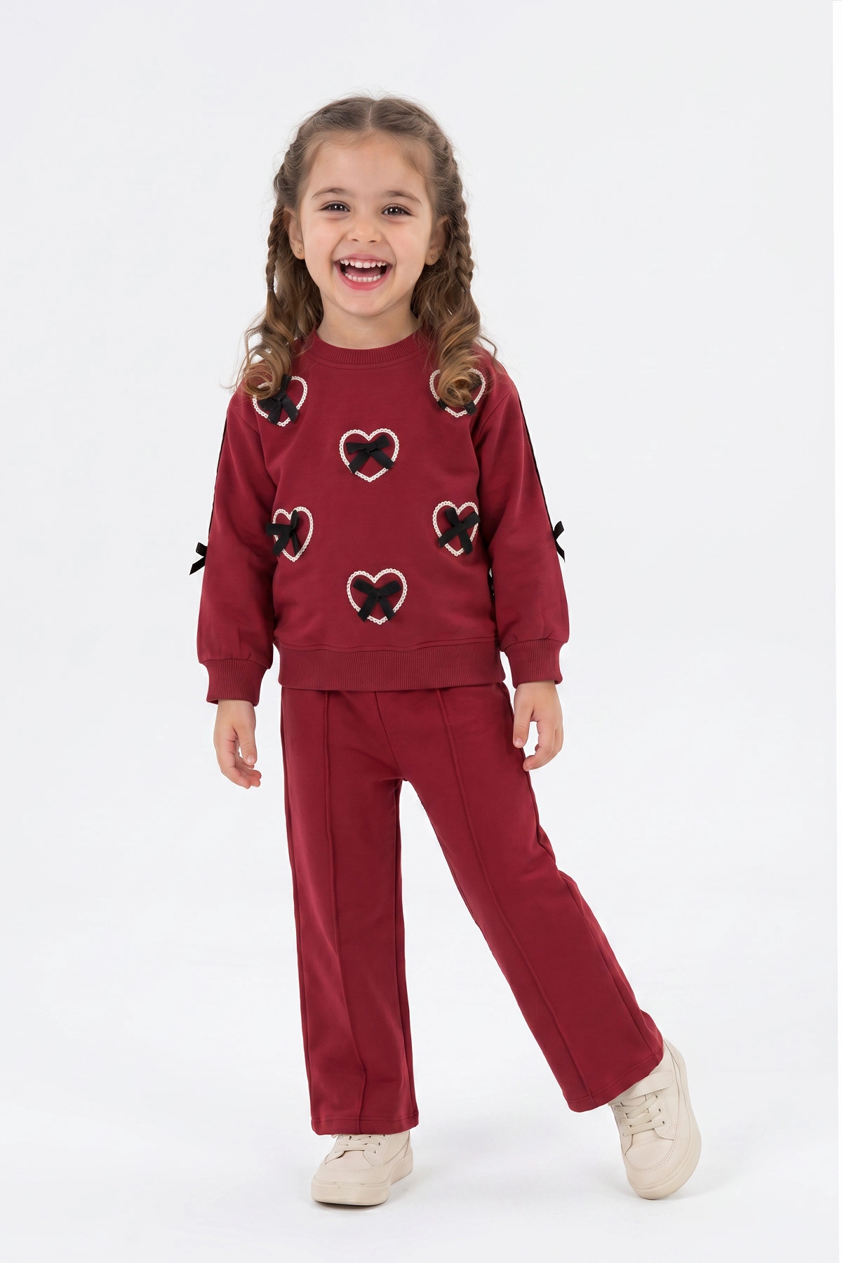 Bordo (2-5 Yaş) Kalp Baskılı Fiyonk Nakışlı Kız Çocuk Takım 471273