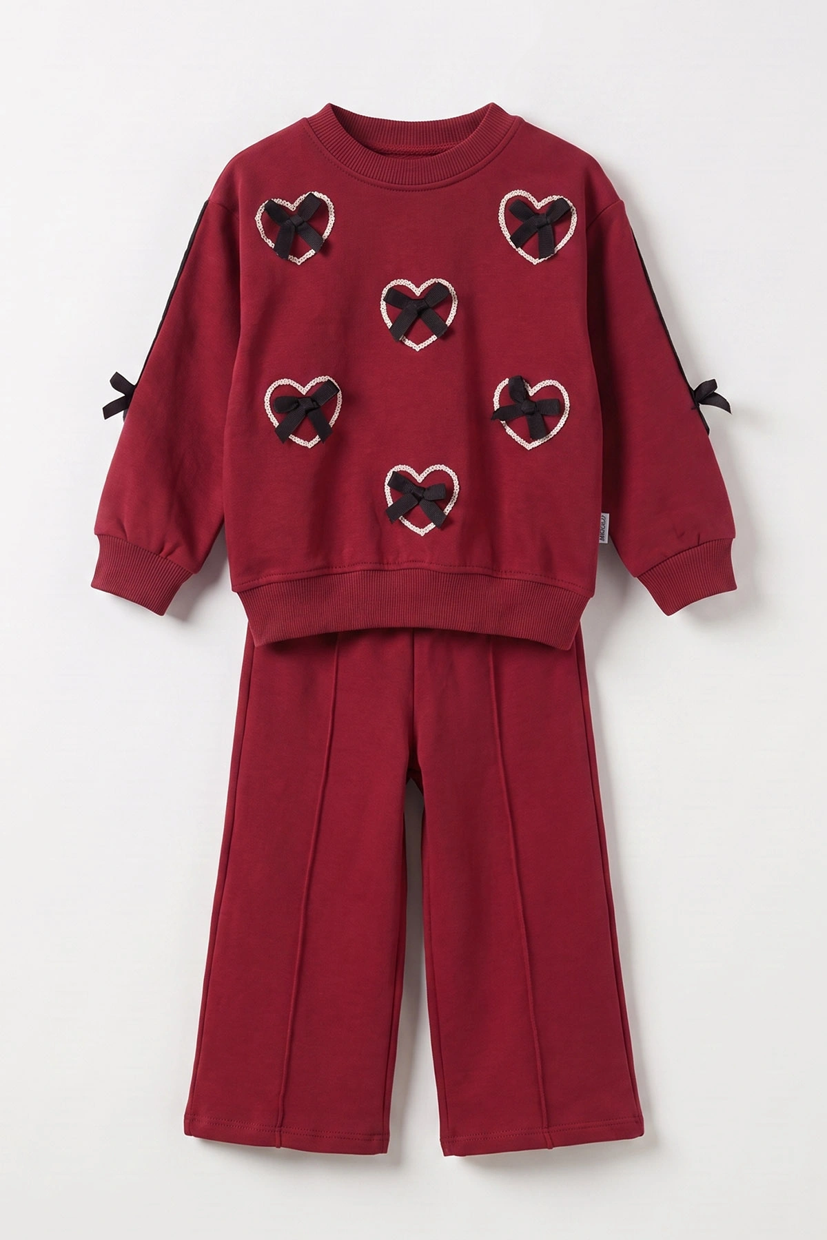 Bordo (2-5 Yaş) Kalp Baskılı Fiyonk Nakışlı Kız Çocuk Takım 471273