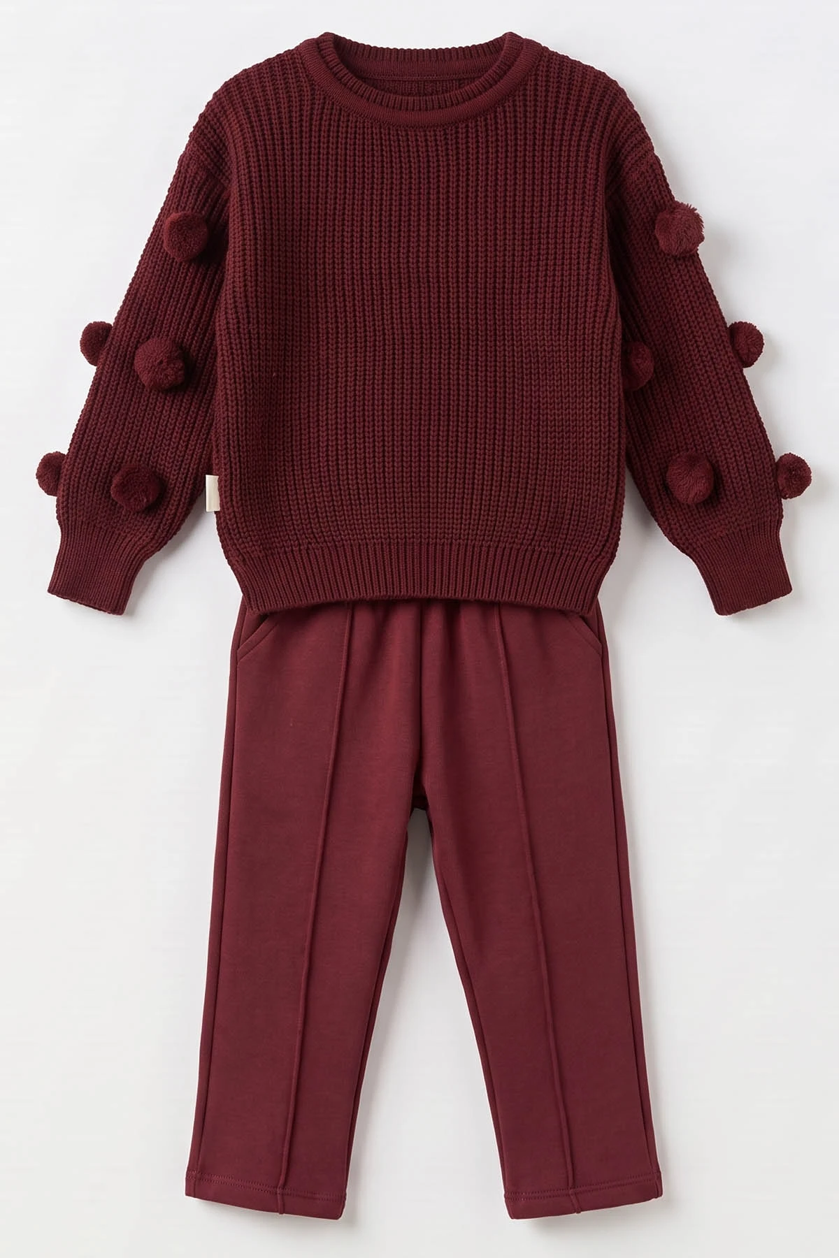 Bordo (2-5 Yaş) Ponpon Detay Triko Kazak 3 İplik Alt Kız Çocuk Takım 493351