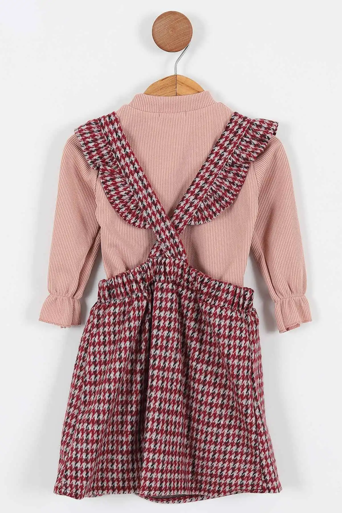 Bordo (2-5 Yaş)Askısı Fırfırlı Ekose Model Kız Çocuk Salopet 338054