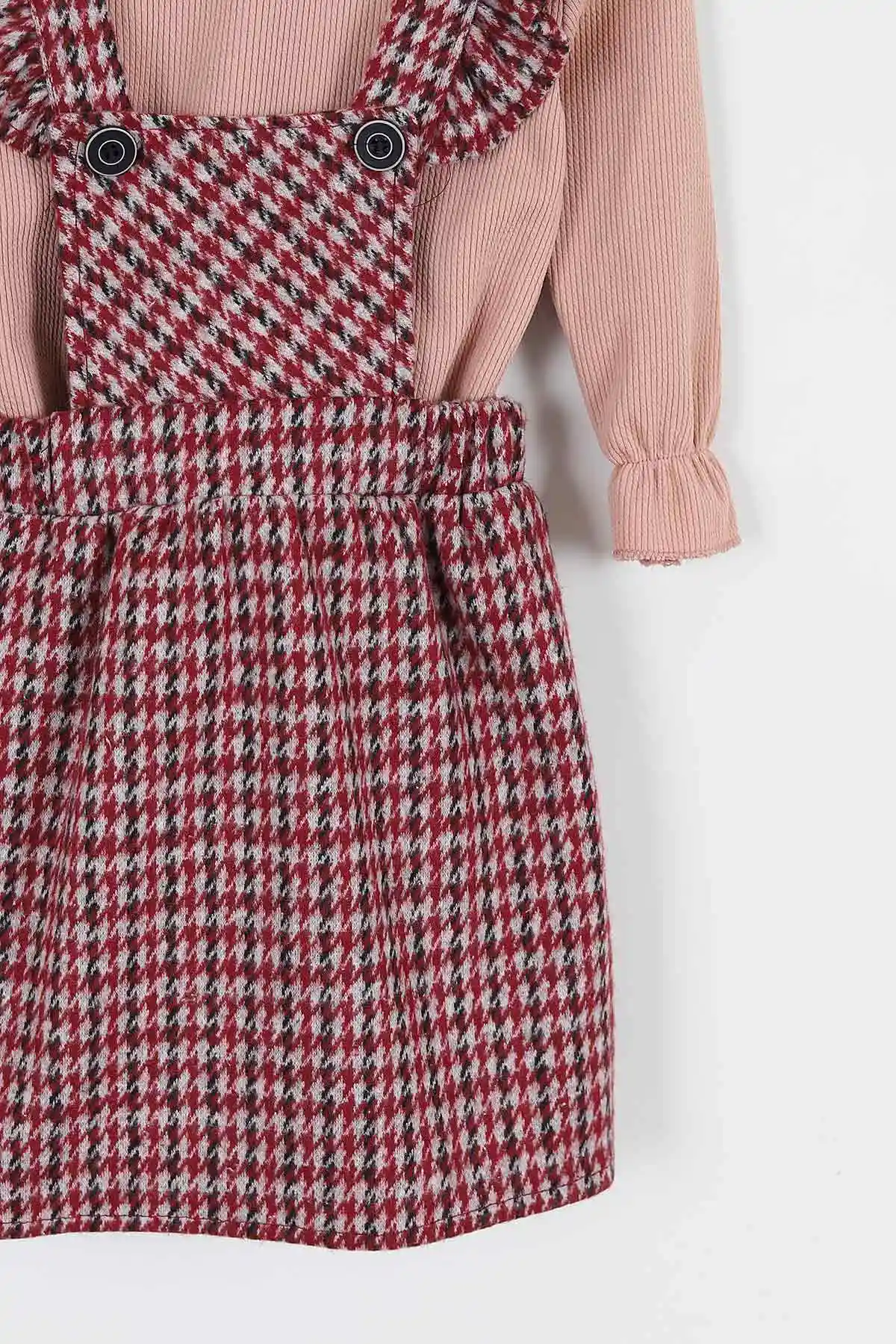 Bordo (2-5 Yaş)Askısı Fırfırlı Ekose Model Kız Çocuk Salopet 338054