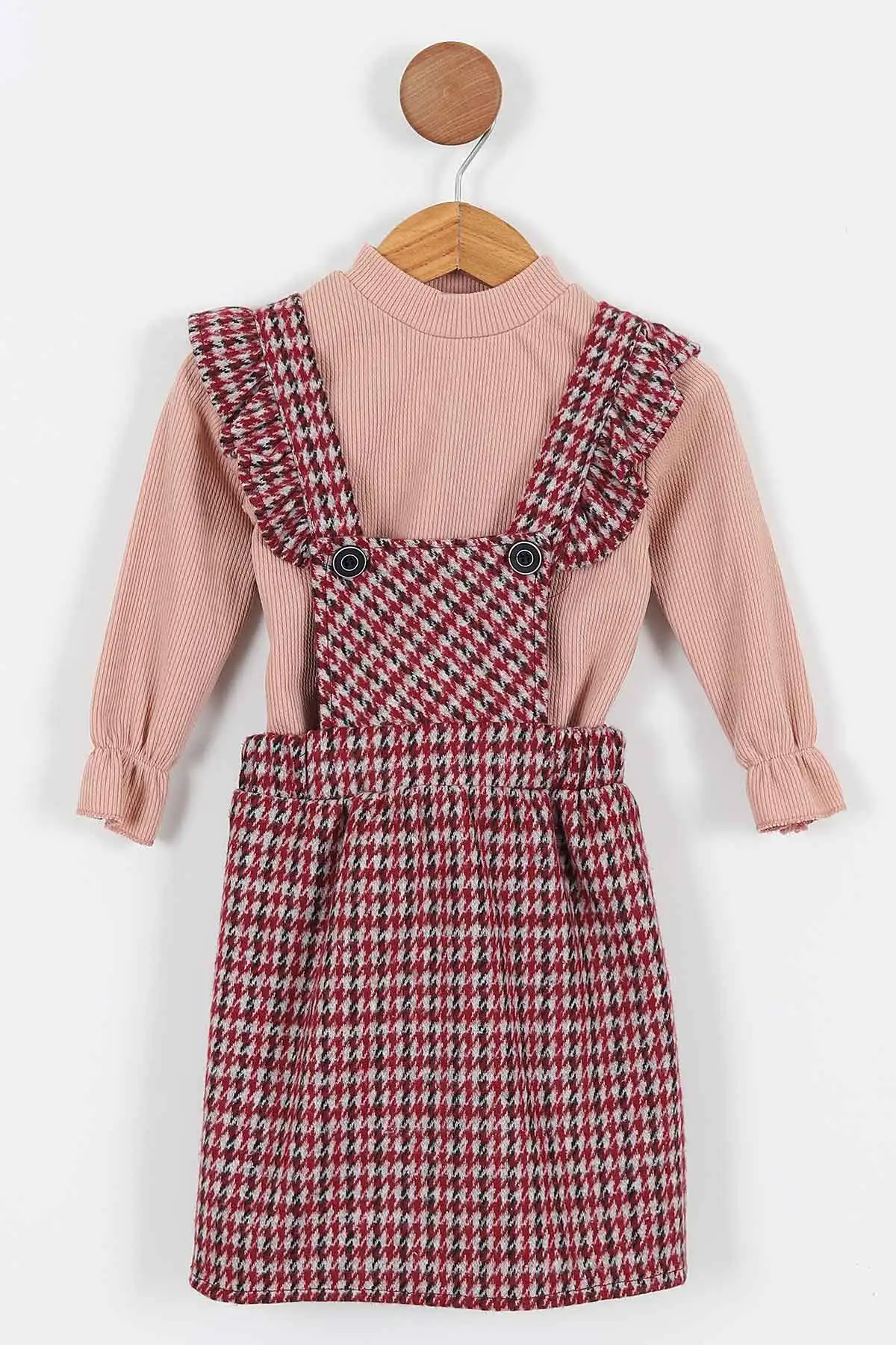 Bordo (2-5 Yaş)Askısı Fırfırlı Ekose Model Kız Çocuk Salopet 338054