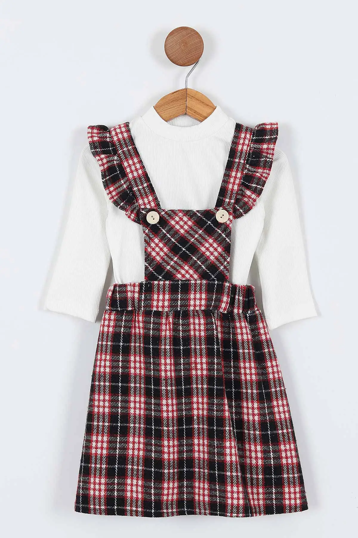 Bordo (2-5 Yaş)Ekose Model Kız Çocuk Salopet Elbise 338047