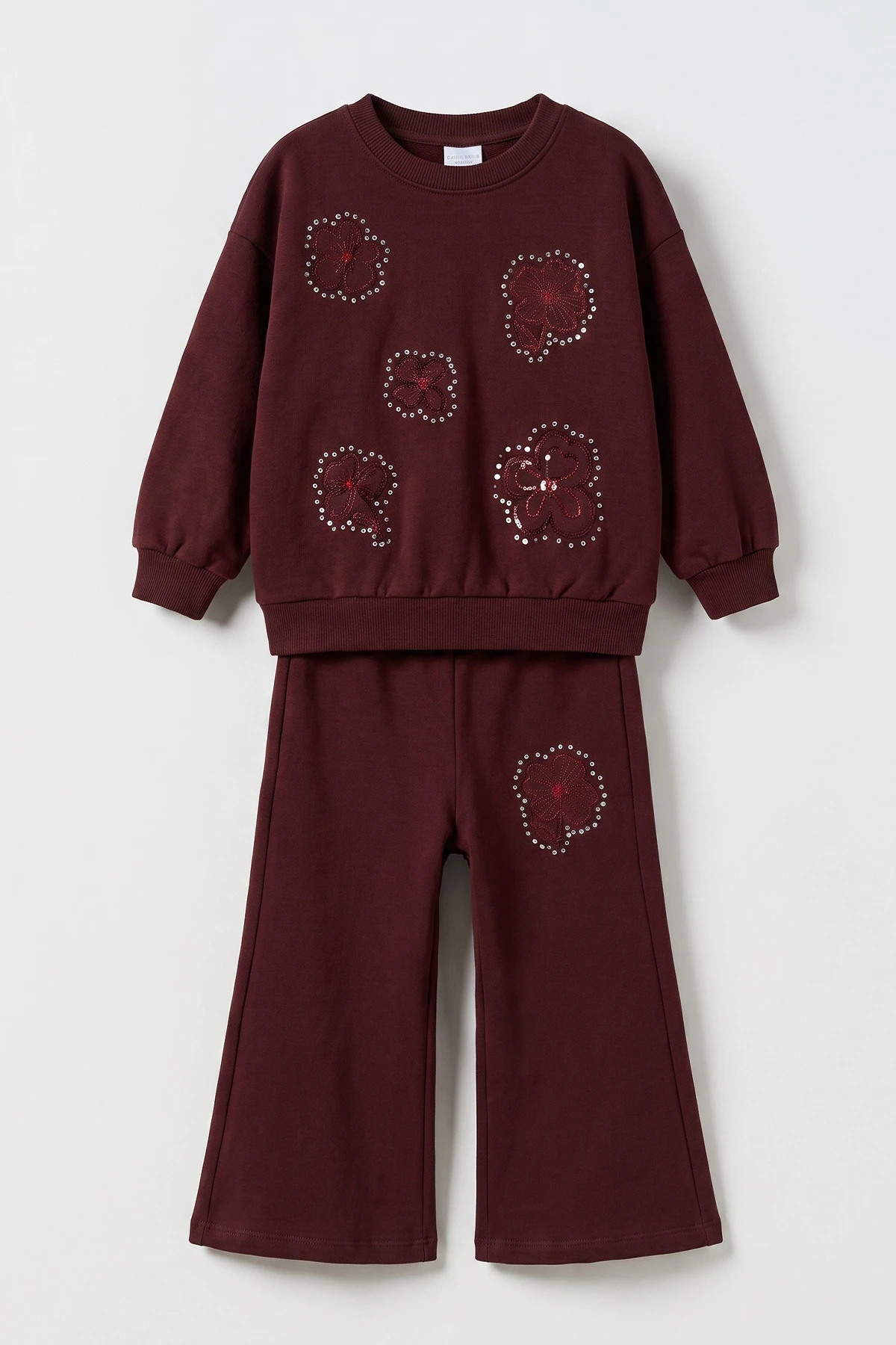 Bordo (2-6 Yaş) Çiçek Nakışlı Pullu 2 İp Kız Çocuk Mevsimlik Takım 480526