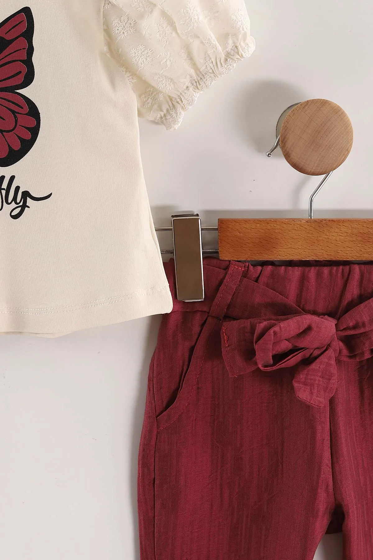 Bordo (2-6 Yaş) Kelebek Nakışlı Kol Brode Kız Çocuk Yazlık Takım 436526