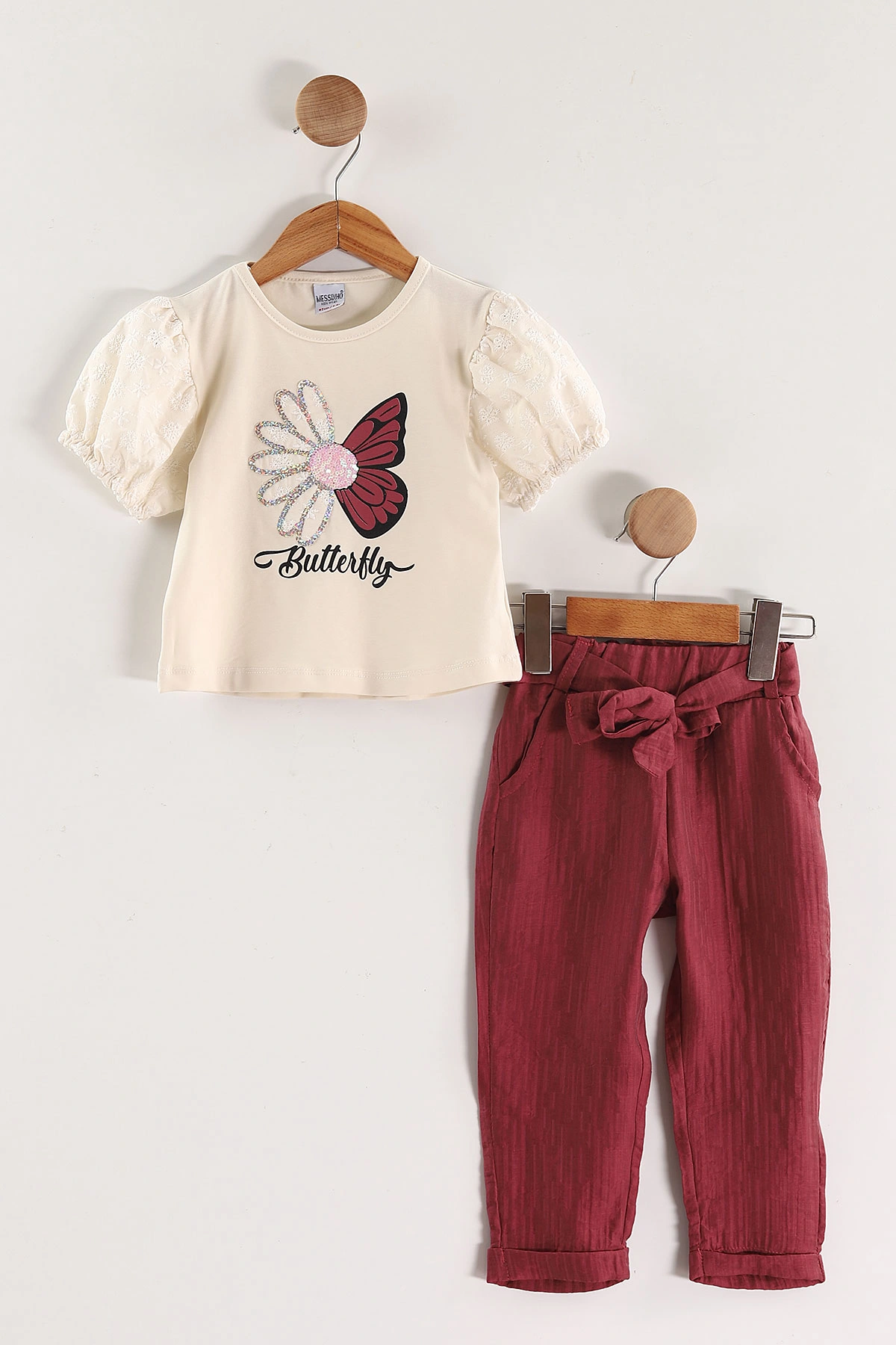 Bordo (2-6 Yaş) Kelebek Nakışlı Kol Brode Kız Çocuk Yazlık Takım 436526