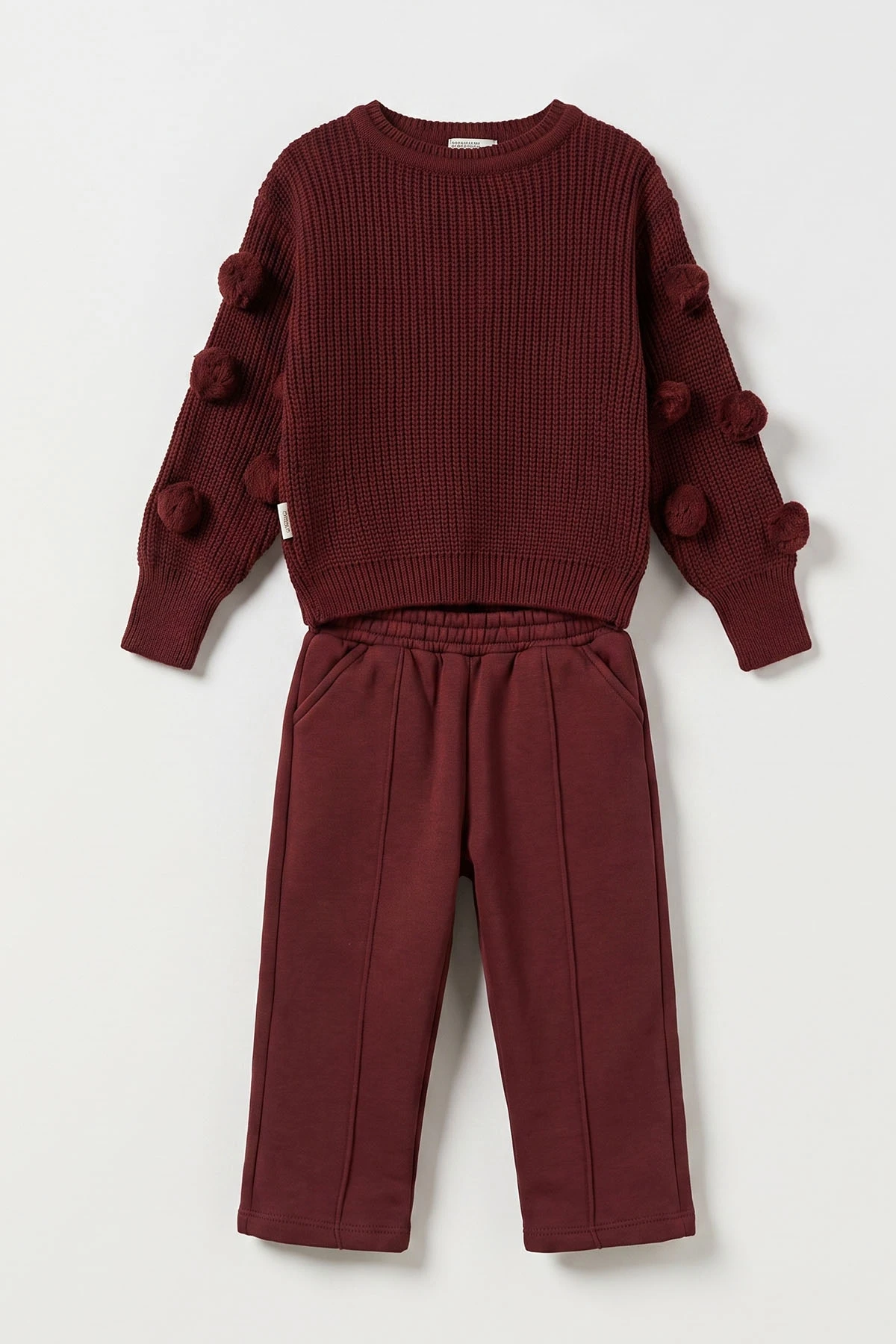 Bordo (2-6 Yaş) Ponponlu  Triko Kazaklı Kız Çocuk Kışlık Takım 483121