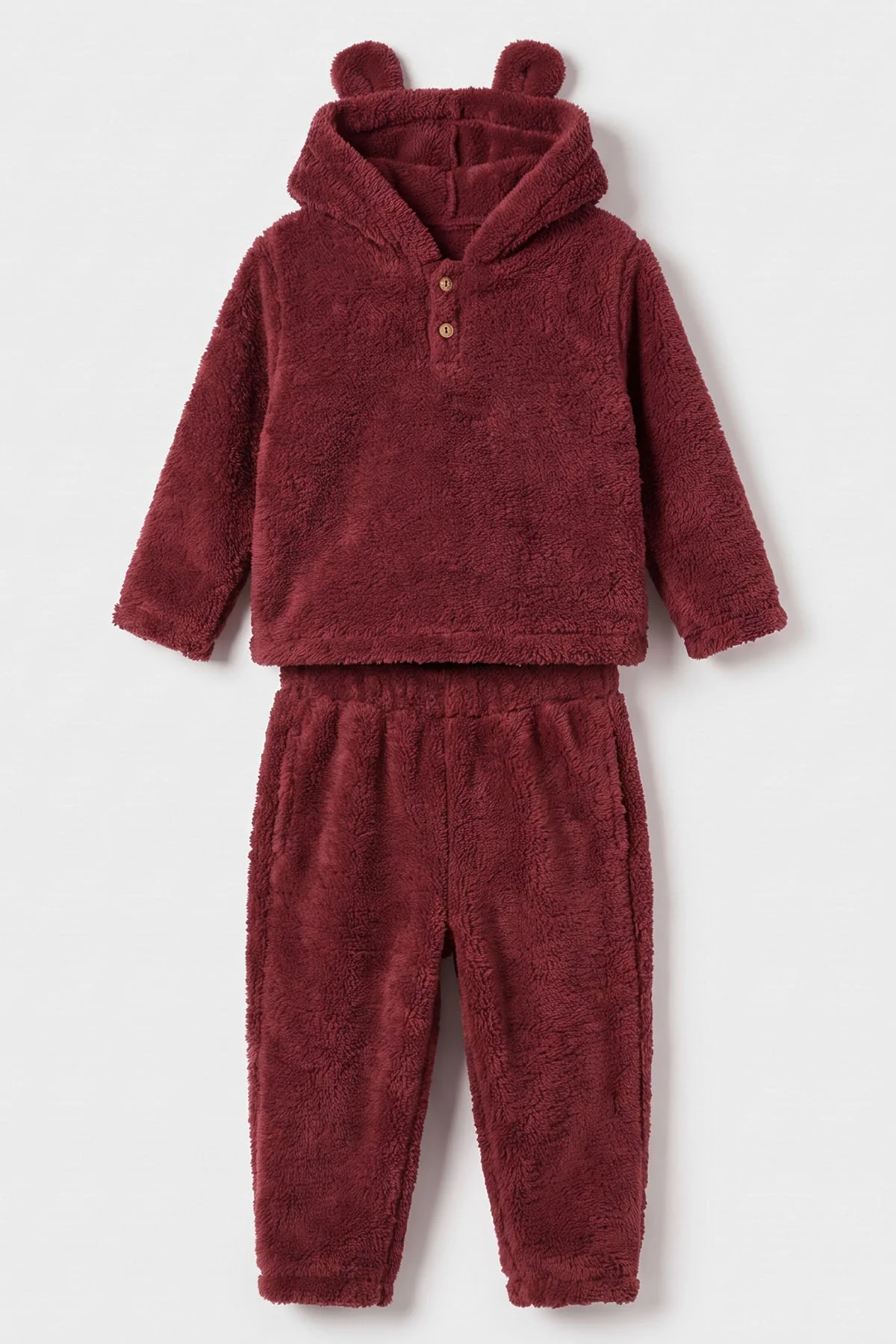 Bordo (2-7 Yaş) Kapüşonlu Kulaklı Welsofft Yakadan Yarım Düğmeli Çocuk Kışlık Takım 493781