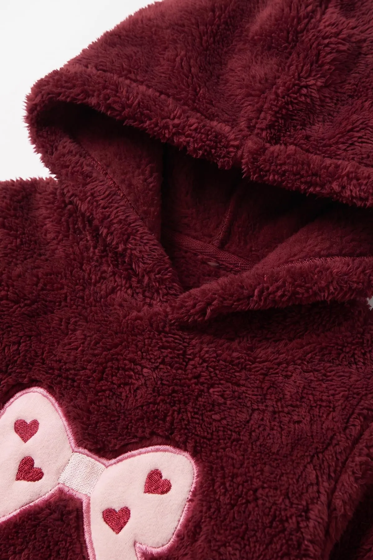 Bordo (2-7 Yaş) Kelebekli Kiraz Nakışlı Peluş Kız Çocuk Takım 482559