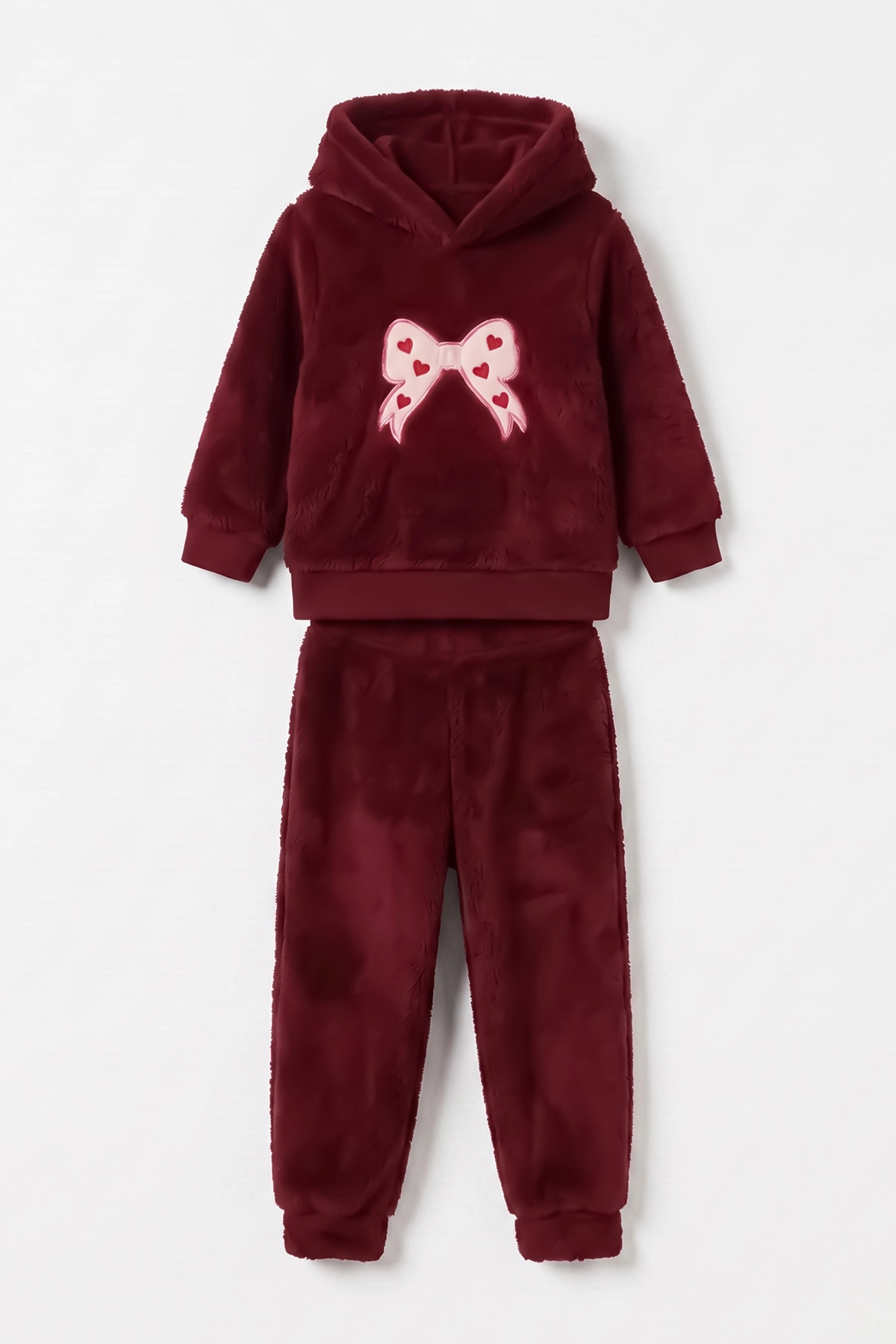 Bordo (2-7 Yaş) Kelebekli Kiraz Nakışlı Peluş Kız Çocuk Takım 482559