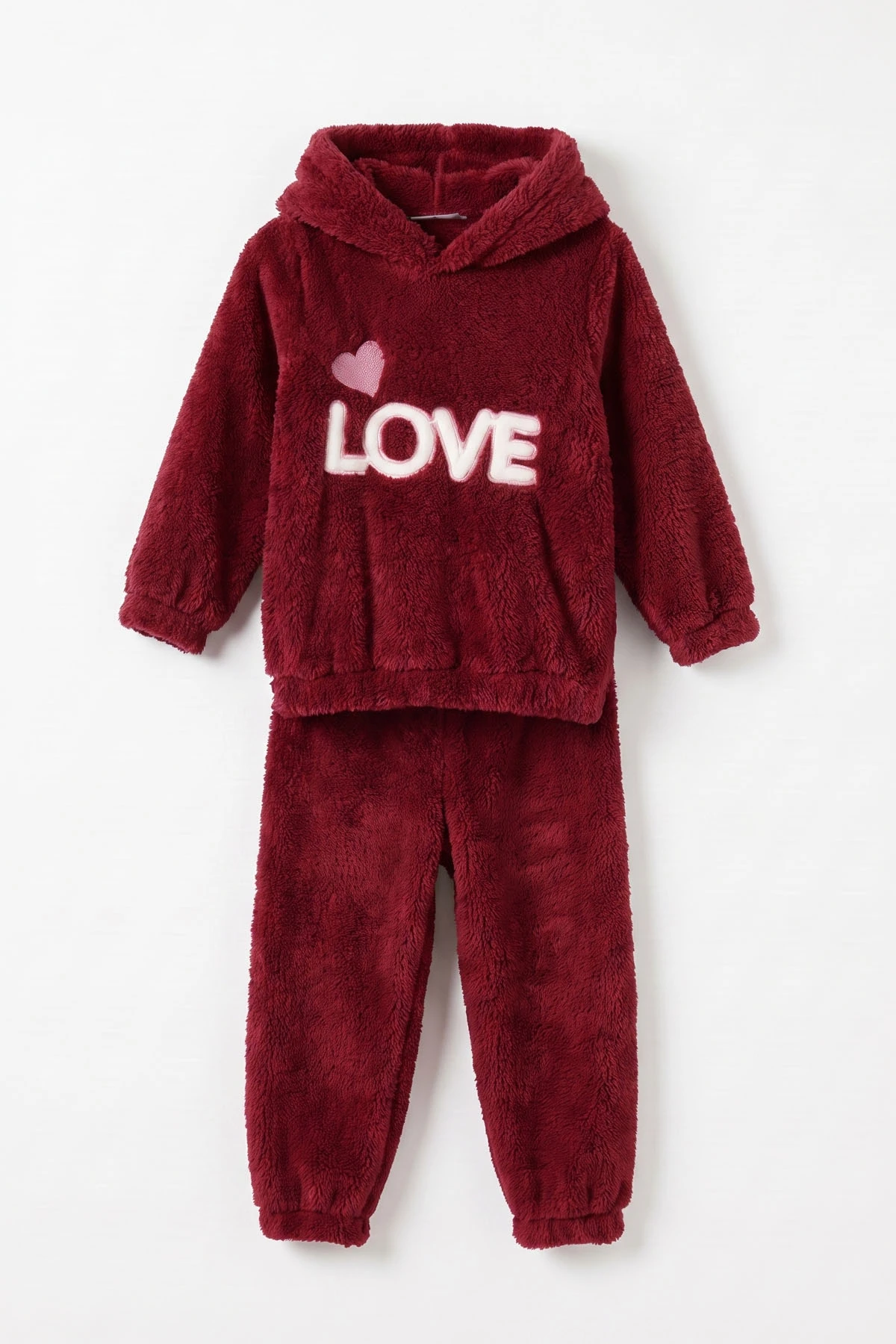Bordo (2-7 Yaş) Love Nakışlı Kapüşonlu Peluş Kız Çocuk Kışlık Takım 483210