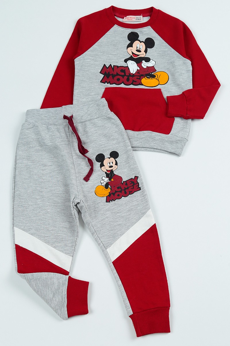 Bordo (2-8 Yaş) Mickey Mouse Baskılı Erkek Çocuk Takım 96611
